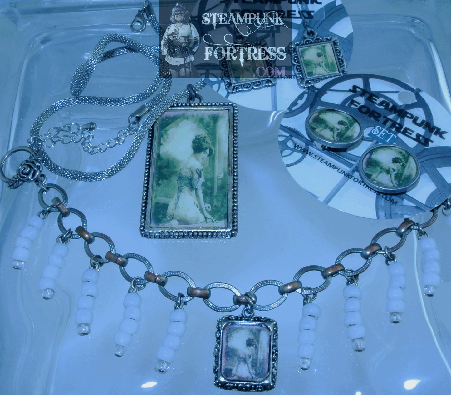 SILVER VINTAGE LADIES LADY IN GARDEN BACK PINK BEADS BRACELET SET AVAILABLE STARR WILDE STEAMPUNK FORTRESS