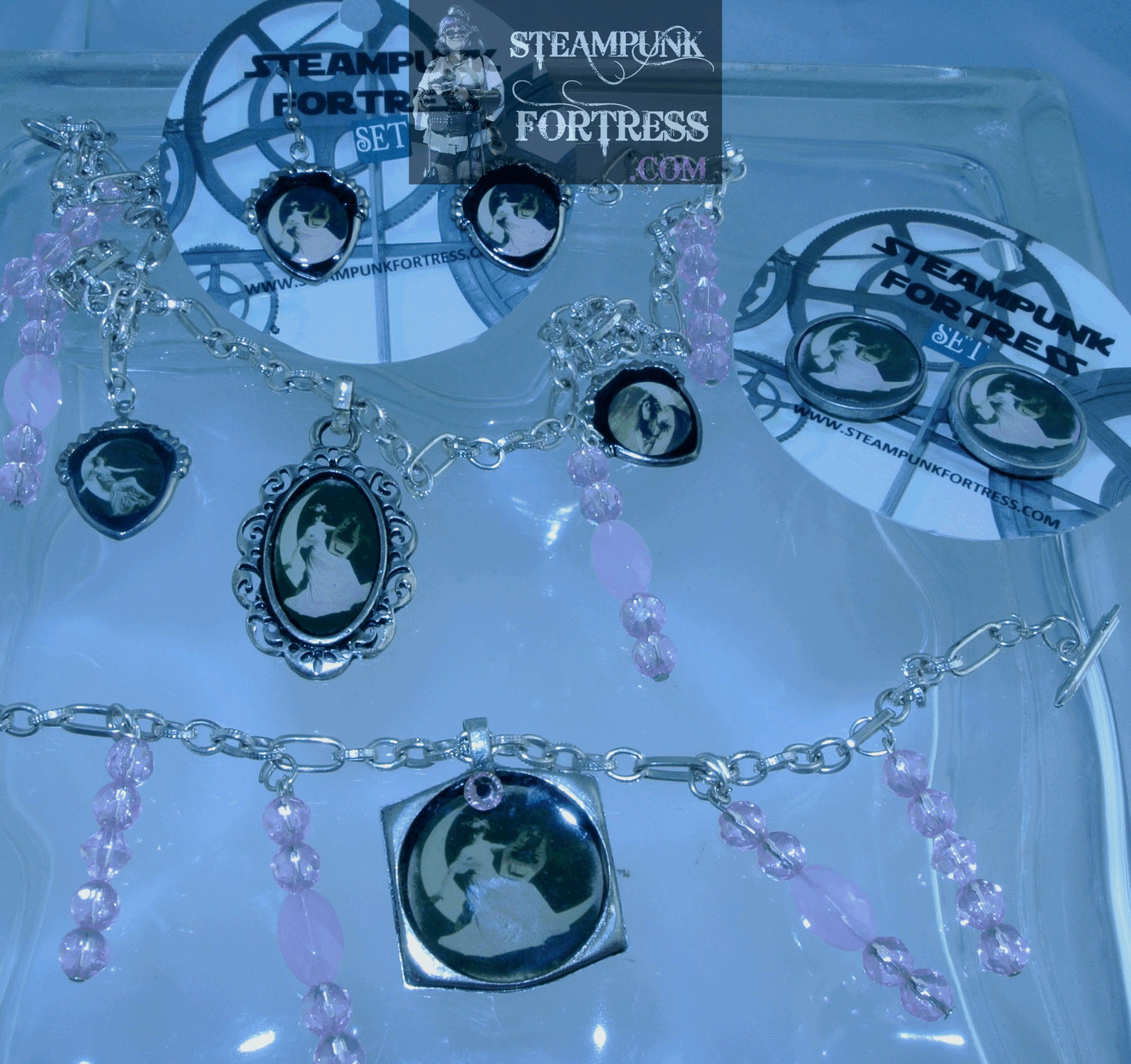 SILVER VINTAGE LADIES LADY IN MOON PINK DRESS LYRE 2 SHIELDS PINK SWAROVSKI CRYSTALS NECKLACE SET AVAILABLE STARR WILDE STEAMPUNK FORTRESS