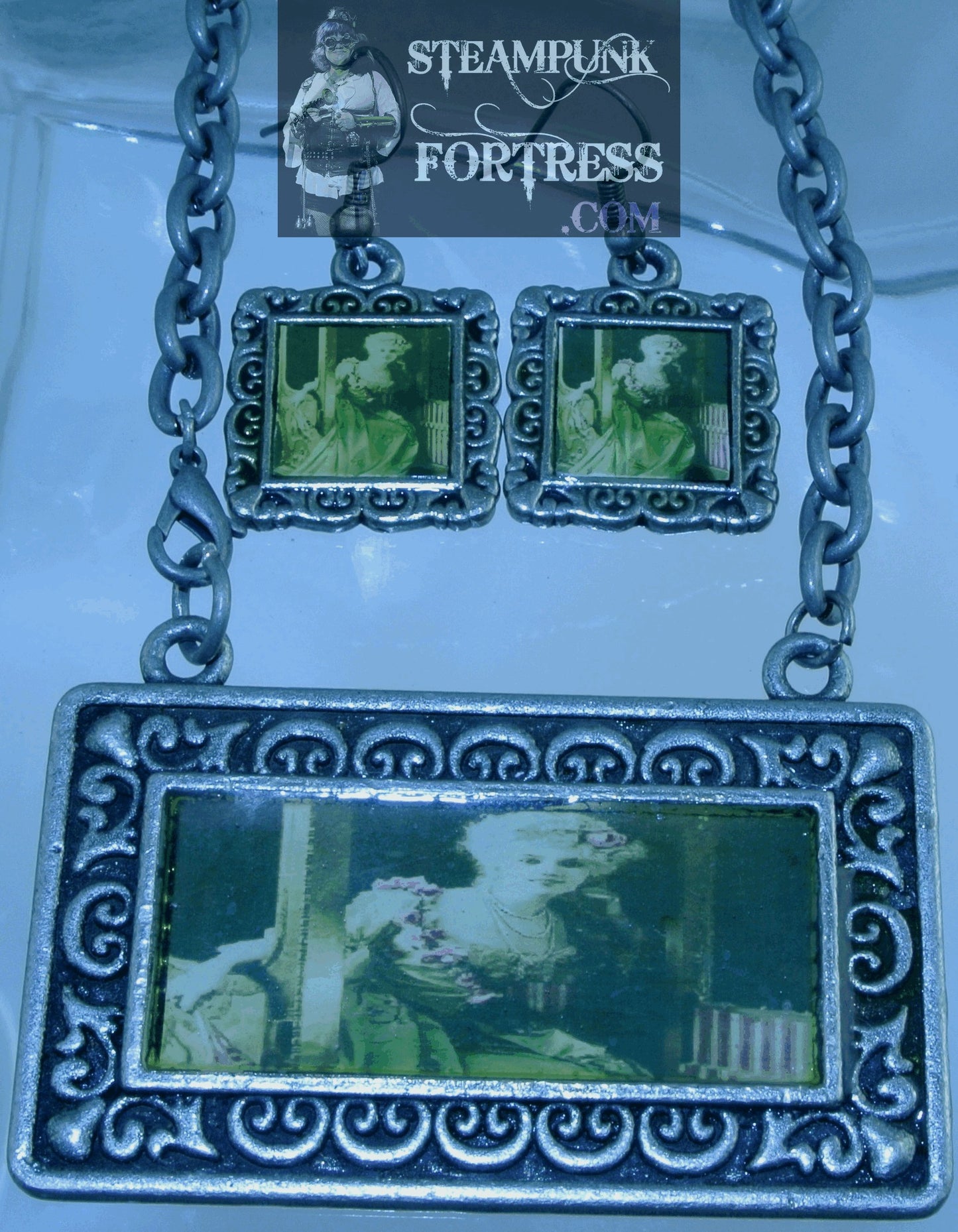 SILVER VINTAGE LADIES ARLETTE D'ORGERE CARRIAGE WHITE WIG RECTANGLE NECKLACE SET AVAILABLE STARR WILDE STEAMPUNK FORTRESS