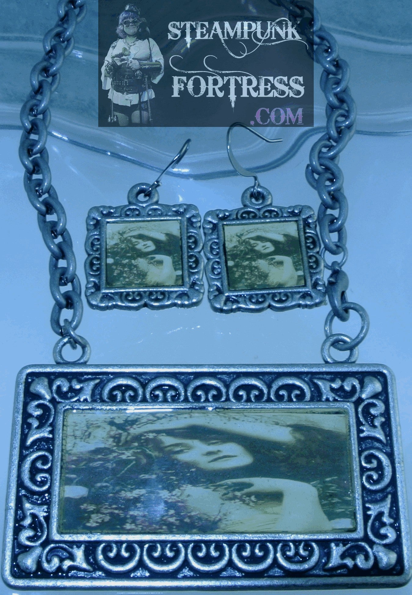 SILVER VINTAGE LADIES WILDFLOWERS GUNMETAL RECTANGLE NECKLACE SET AVAILABLE STARR WILDE STEAMPUNK FORTRESS