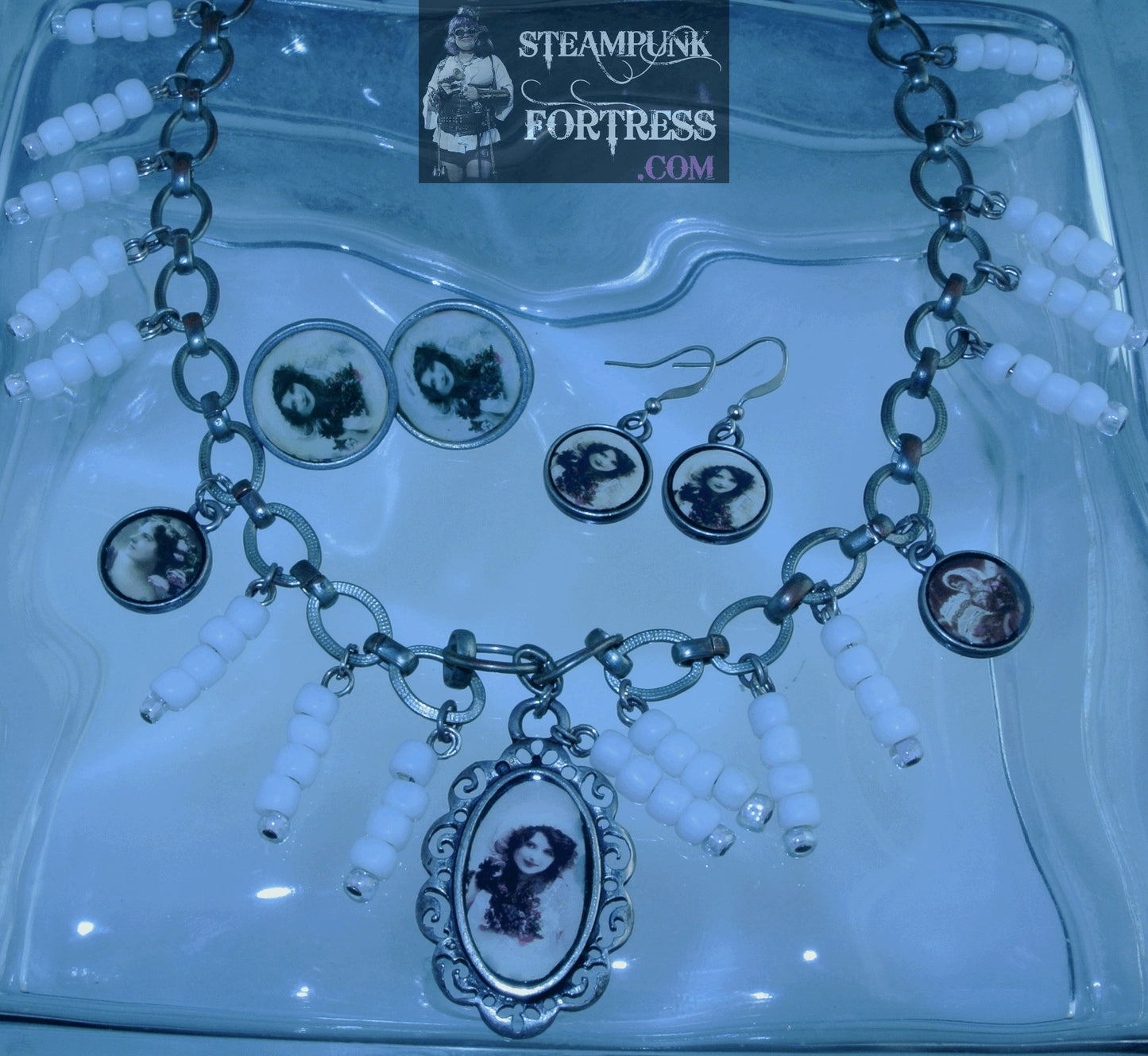 SILVER VINTAGE LADIES SNOWGIRL LILAC PINK BEADS 2 SMALL ROUNDS SNOWGIRLS FANCY NECKLACE SET AVAILABLE STARR WILDE STEAMPUNK FORTRESS