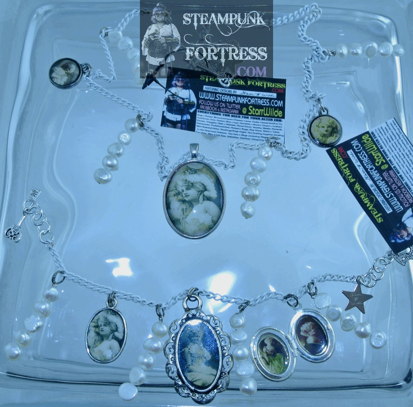 WHITE VINTAGE LADIES WHITE WIG LADY FAN GLOVES LOCKET OVAL PEARLS BRACELET SET AVAILABLE EITHER WHITE SET BRACELET STARR WILDE STEAMPUNK FORTRESS