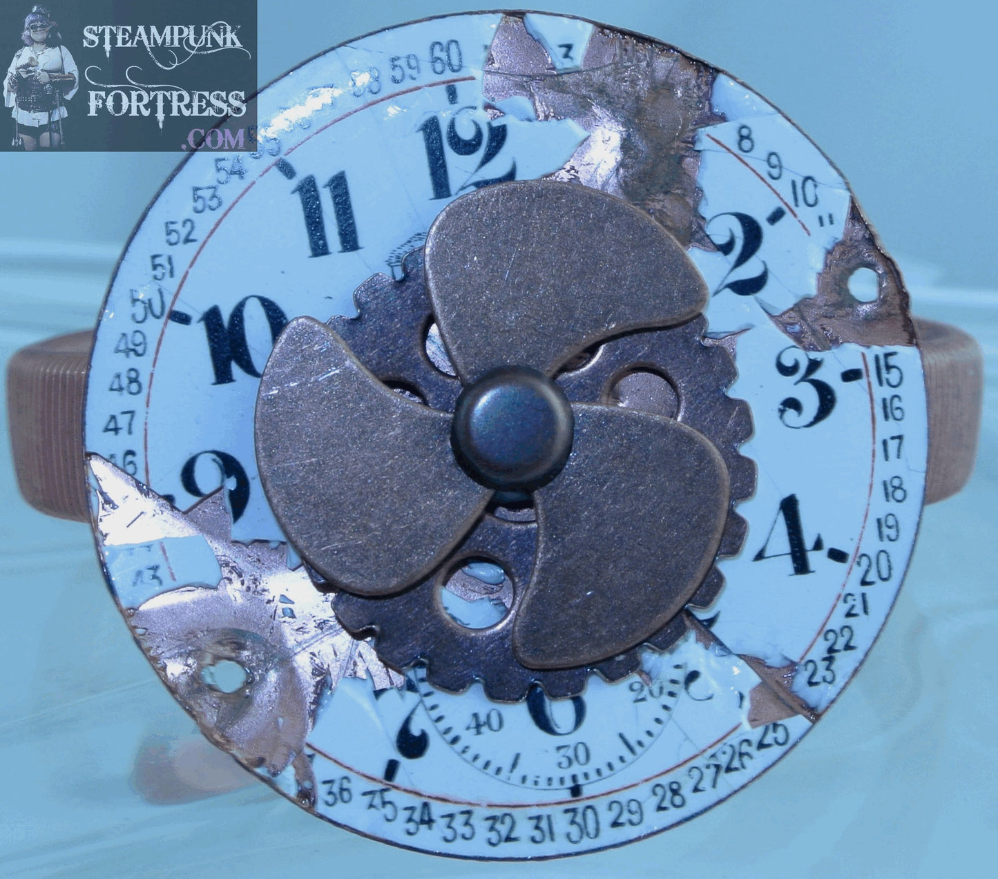 SLEEVE ARM GARTER COPPER WATCH CLOCK FACE PORCELAIN DAL COPPER SPINS SPINNING PROPELLER KINETIC COPPER GEAR STRETCH BRACELET STARR WILDE STEAMPUNK FORTRESS