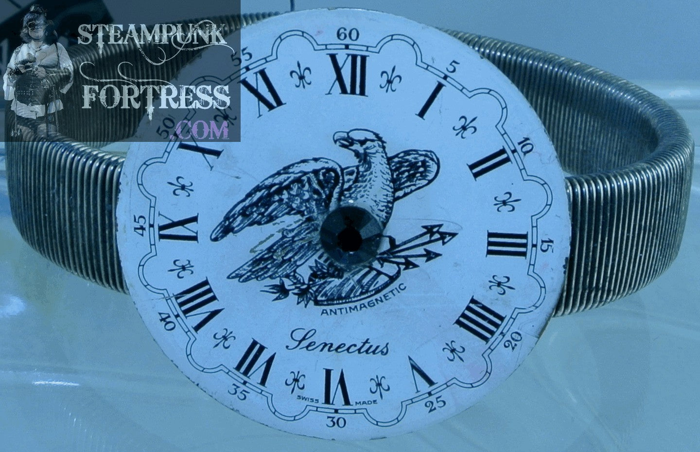SLEEVE ARM GARTER SILVER EAGLE WATCH CLOCK FACE DIAL BLACK SWAROVSKI CRYSTAL STRETCH BRACELET STARR WILDE STEAMPUNK FORTRESS