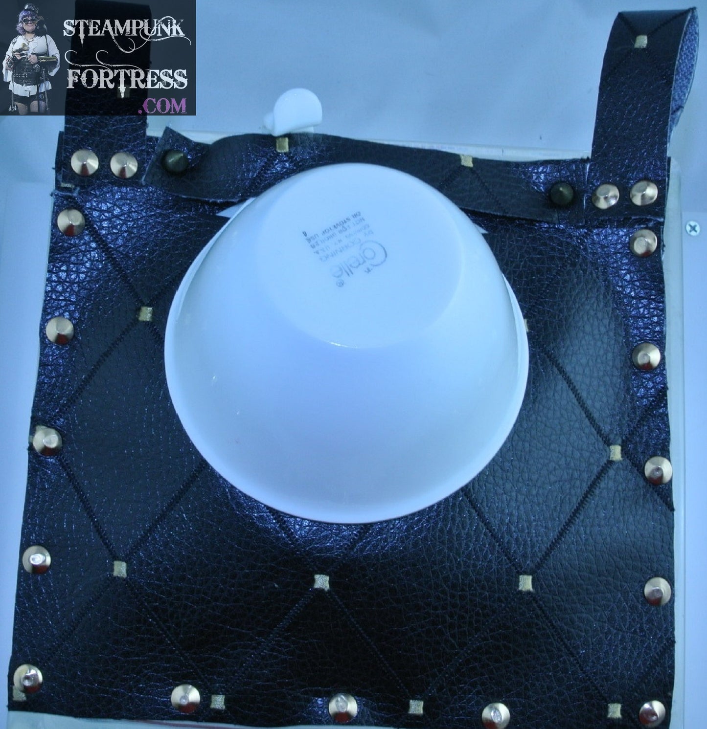 TEA CUP HOLDER FAUX LEATHER VEGAN BLACK DIAMOND WHITE CHINA HOLSTER SET DUELING DUELLING SAUCER STARR WILDE STEAMPUNK FORTRESS COSPLAY COSTUME