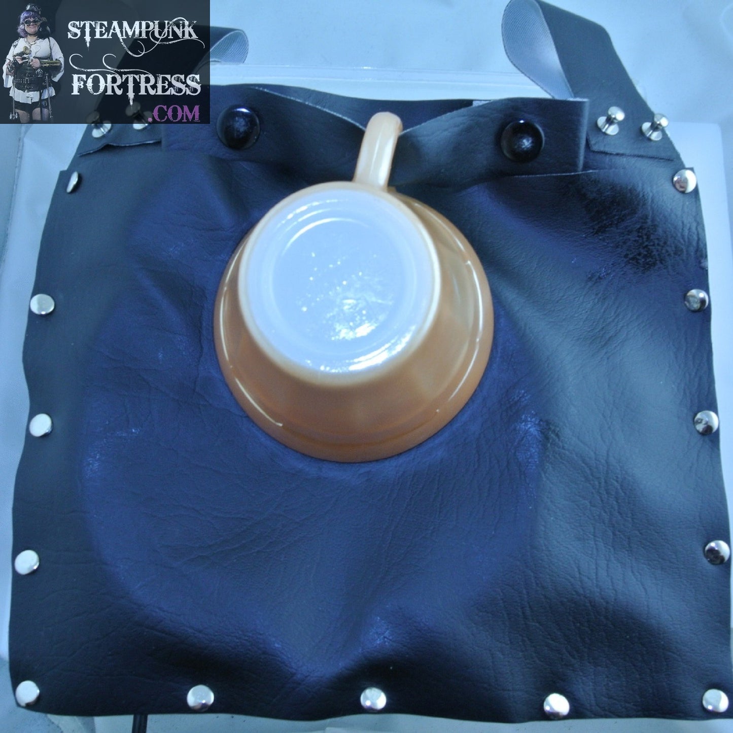 TEA CUP HOLDER FAUX LEATHER VEGAN BLACK PLAIN TERMOCRISA GOLD SET HOLSTER SILVER STUDS SNAPS SAUCER TEA DUELING DUELLING STARR WILDE STEAMPUNK FORTRESS COSPLAY COSTUME