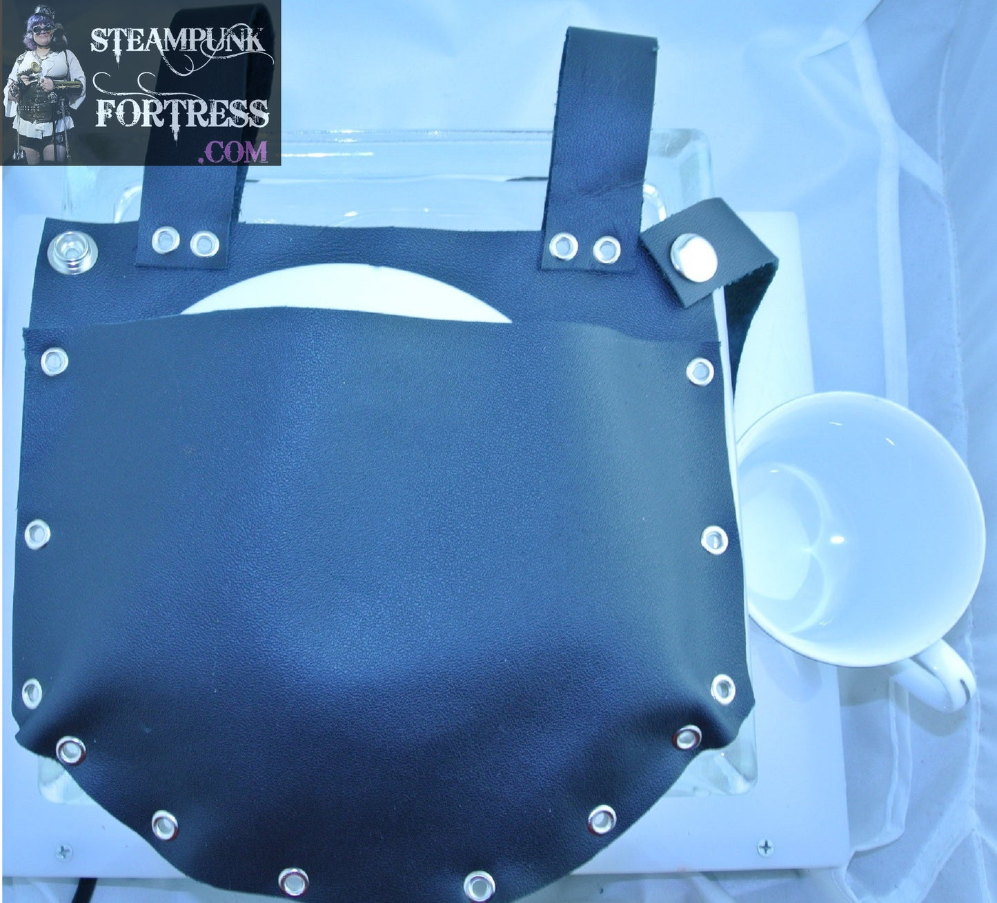 TEA CUP HOLDER BLACK LEATHER SILVER EYELET BLUE WHITE CHINA DUELING DUELLING CUP SAUCER STARR WILDE STEAMPUNK FORTRESS