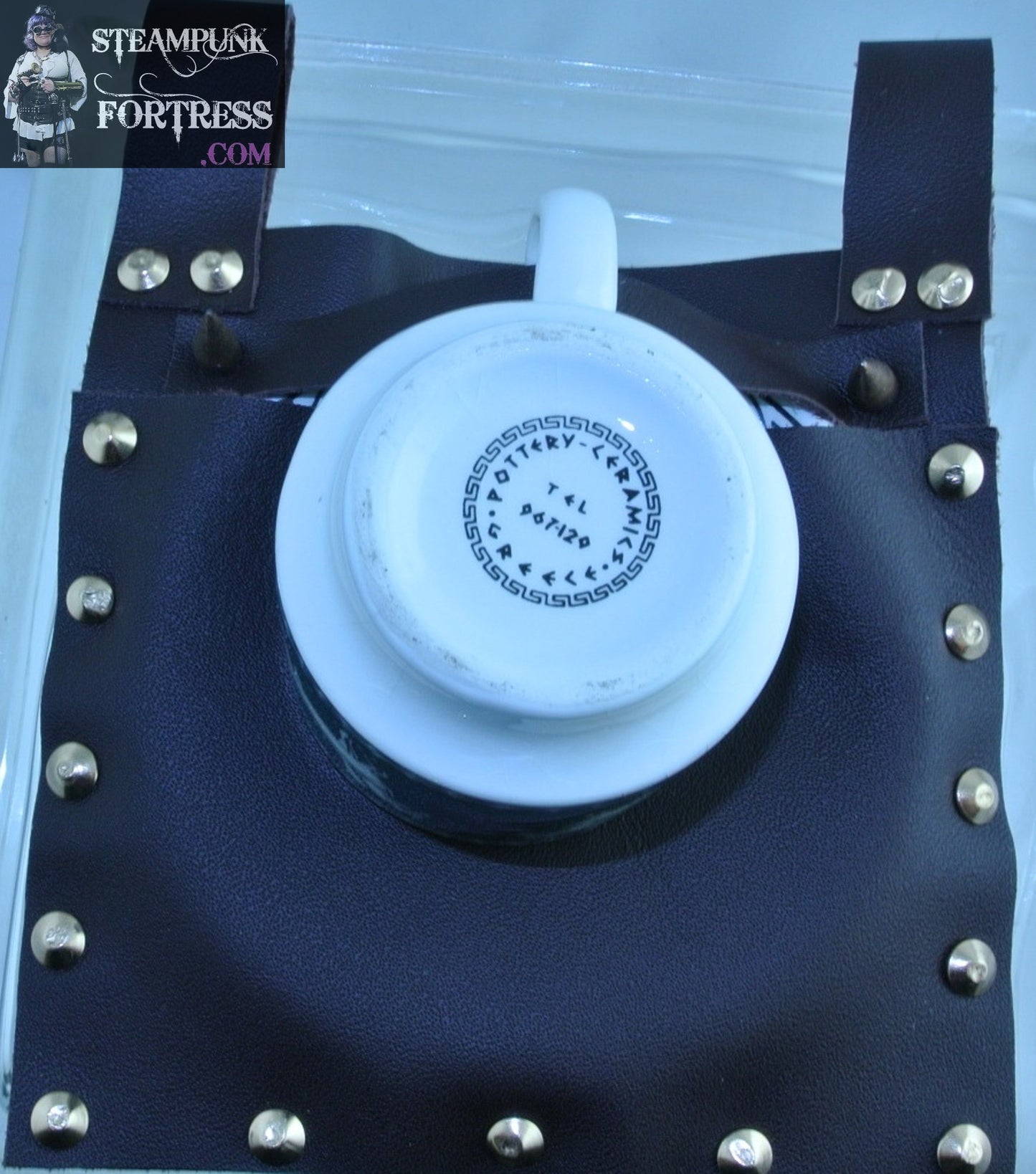 TEA CUP HOLDER BROWN LEATHER GREEN WHITE GREEK DEMITASSE COPPER STUDS HOLSTER TEA DUELING DUELLING SAUCER STARR WILDE STEAMPUNK FORTRESS COSPLAY COSTUME