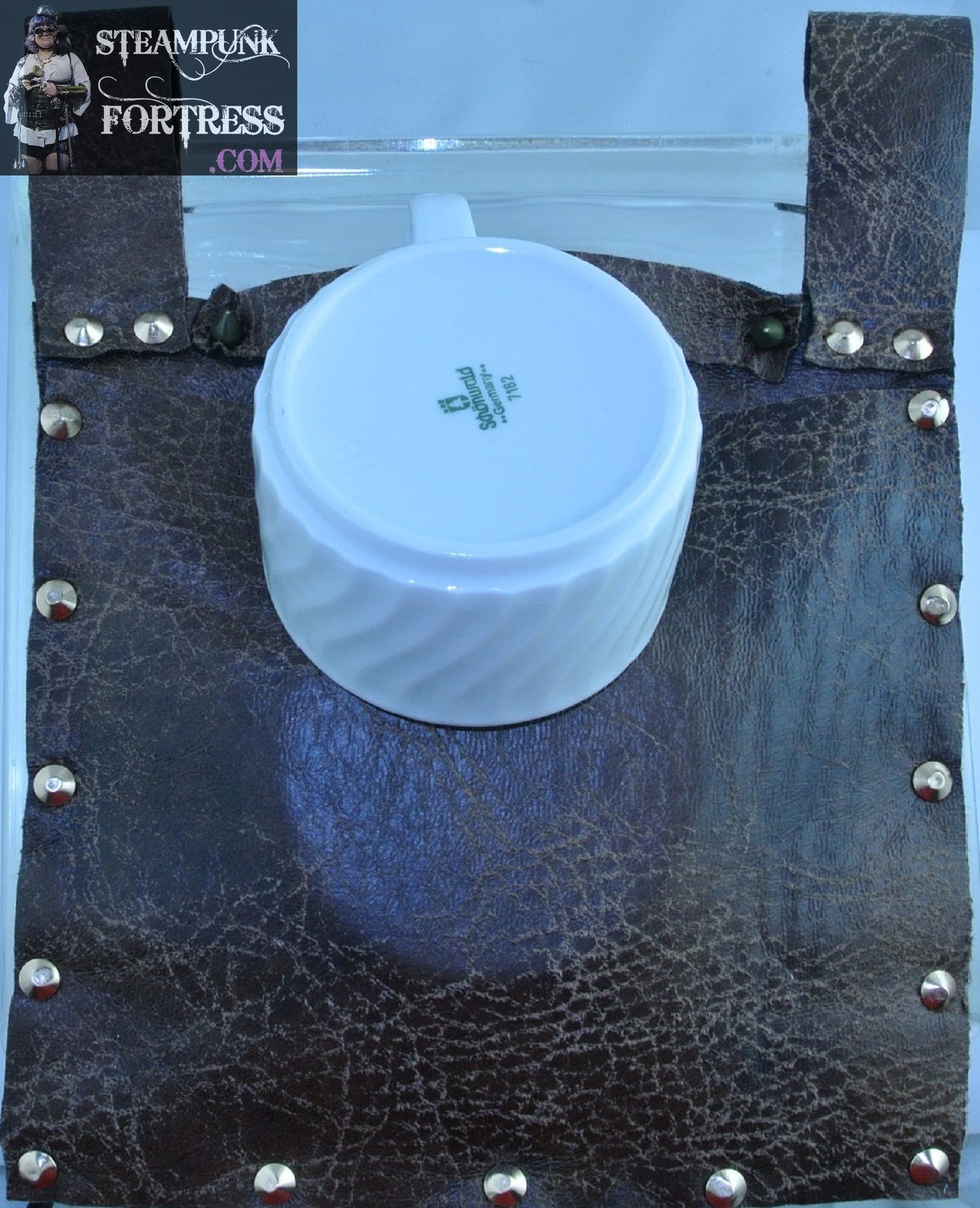 TEA CUP HOLDER FAUX LEATHER SUEDE VEGAN BUFF BROWN TEXAN WHITE SWIRL SET TEA DUELING DUELLING SAUCER STARR WILDE STEAMPUNK FORTRESS COSPLAY COSTUME