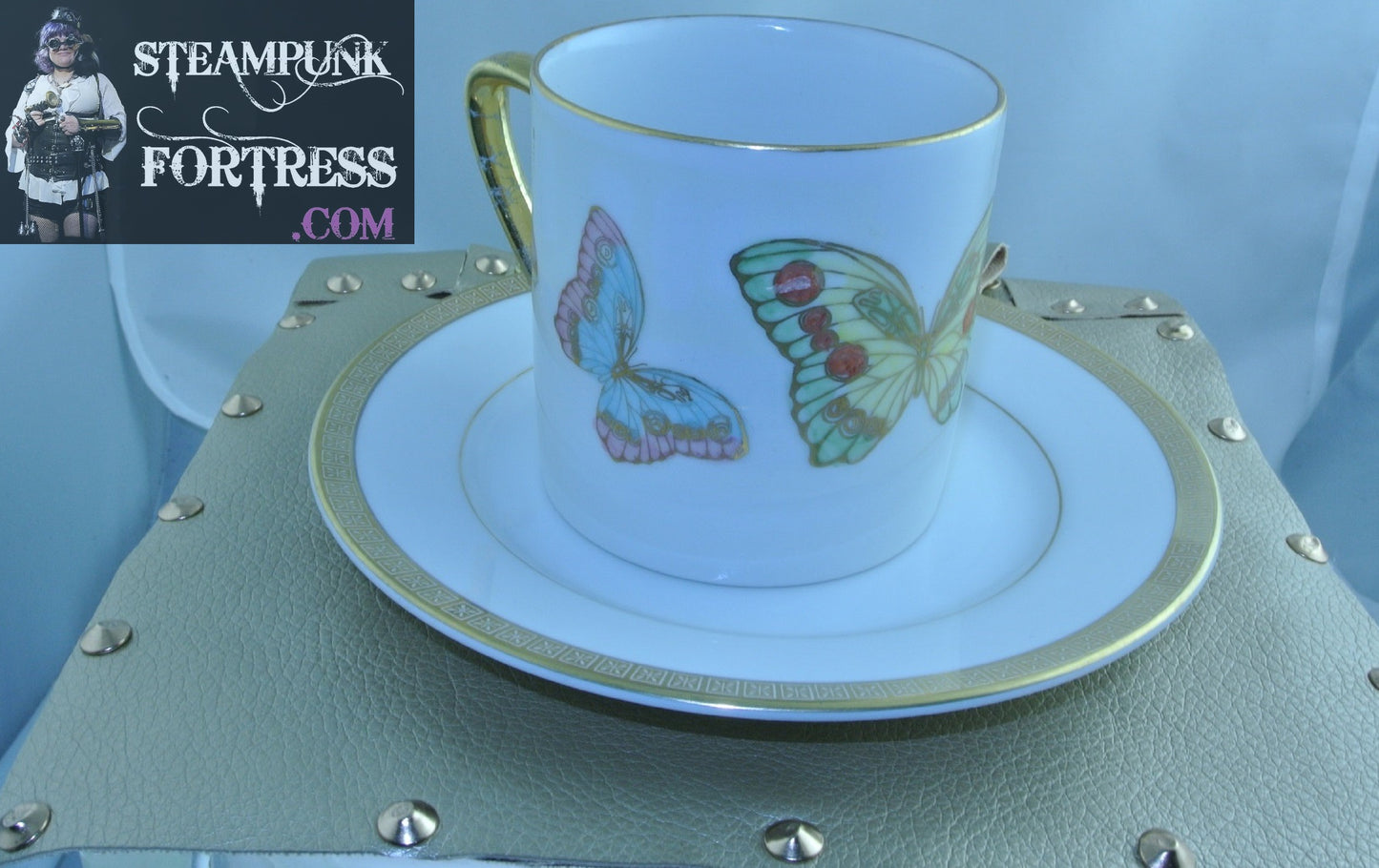 TEA CUP HOLDER FAUX LEATHER VEGAN GOLD BUTTERFLY CUP GOLD PLATE COPPER STUDS SNAP STARR WILDE STEAMPUNK FORTRESS TEA DUELING DUELLING SAUCER STARR WILDE STEAMPUNK FORTRESS COSPLAY COSTUME