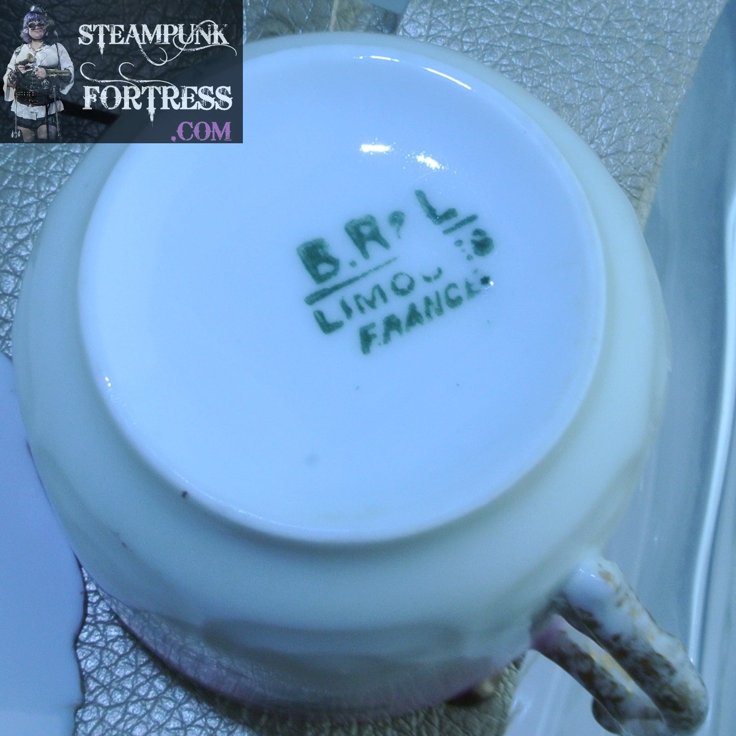 TEA CUP HOLDER FAUX LEATHER VEGAN GOLD PINK GOLD VINTAGE LIMOGES FRANCE SET HOLSTER TEA DUELING DUELLING SAUCER STARR WILDE STEAMPUNK FORTRESS COSPLAY COSTUME