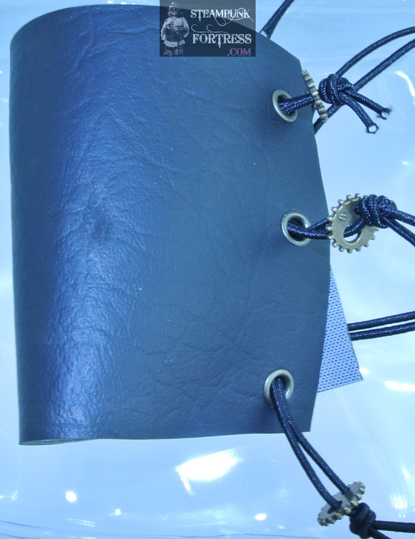 WRISTBAND BLACK PLAIN VEGAN FAUX LEATHER VINYL BRASS EYELETS BRASS 2 HOLE WATCH CLOCK GEARS WRIST BAND STARR WILDE STEAMPUNK FORTRESS BESPOKE CUSTOM SIZING AVAILABLE