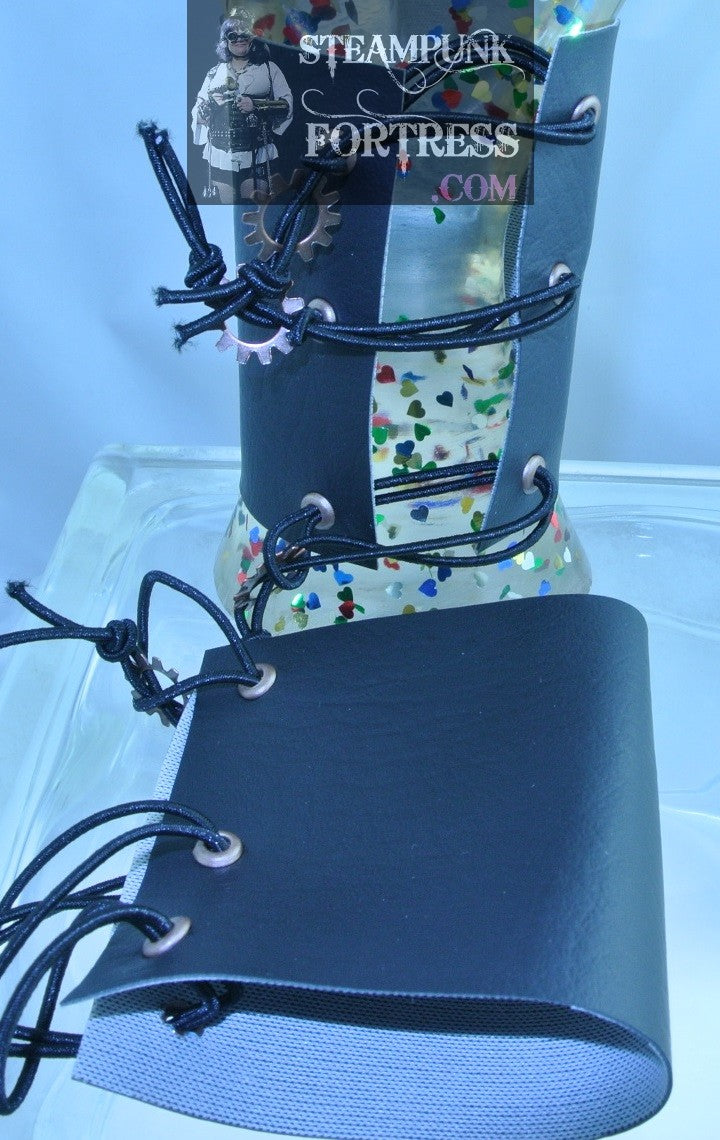 WRISTBAND BLACK PLAIN VEGAN FAUX LEATHER COPPER EYELETS COPPER OPEN WATCH CLOCK GEARS CUFF WRIST BAND STARR WILDE STEAMPUNK FORTRESS BESPOKE CUSTOM SIZING AVAILABLE