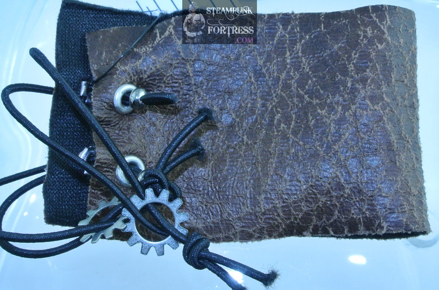 WRISTBAND BROWN BUFF TEXAN FAUX LEATHER VEGAN SILVER EYELETS SILVER OPEN WATCH CLOCK GEARS CUFF WRIST BAND STARR WILDE STEAMPUNK FORTRESS BESPOKE CUSTOM SIZING AVAILABLE