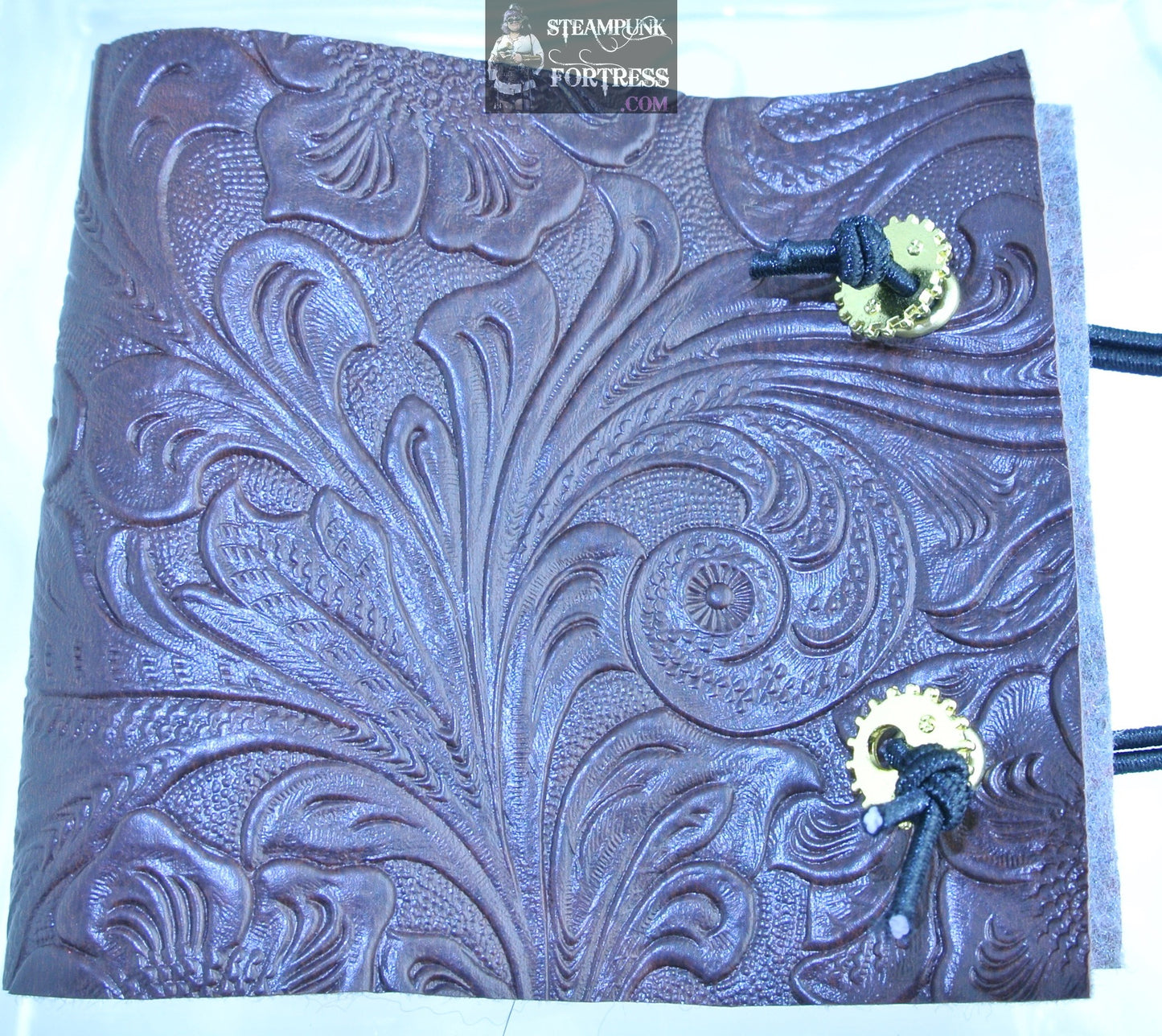 WRISTBAND XL BROWN EMBOSSED FAUX LEATHER VEGAN GOLD WATCH CLOCK GEARS CUFF WRIST BAND STARR WILDE STEAMPUNK FORTRESS BESPOKE CUSTOM SIZING AVAILABLE