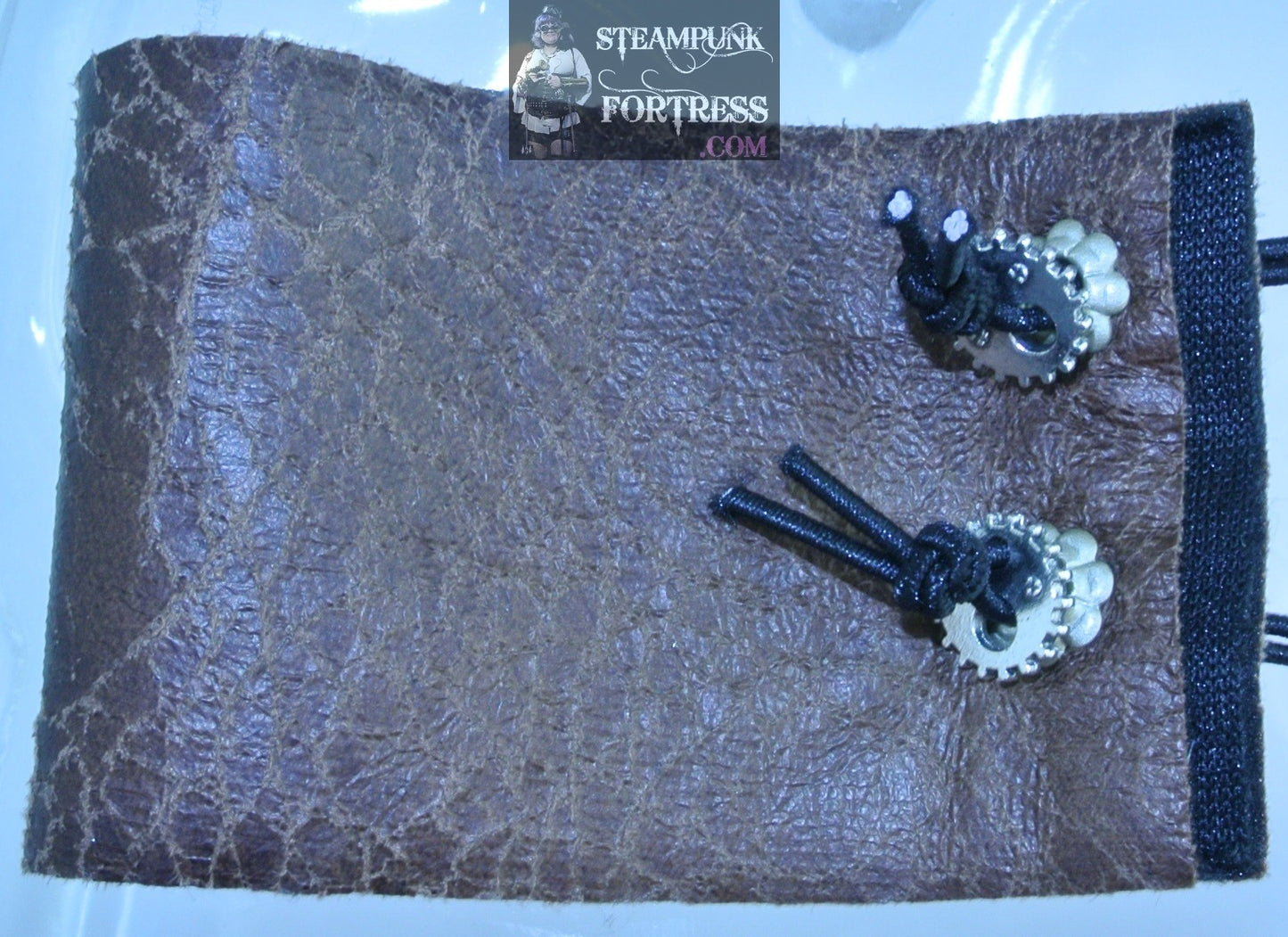 WRISTBAND BROWN BUFF VEGAN FAUX LEATHER SILVER FLOWER EYELETS SILVER WATCH CLOCK GEARS CUFF WRIST BAND STARR WILDE STEAMPUNK FORTRESS SET AVAILABLE BESPOKE CUSTOM SIZING AVAILABLE