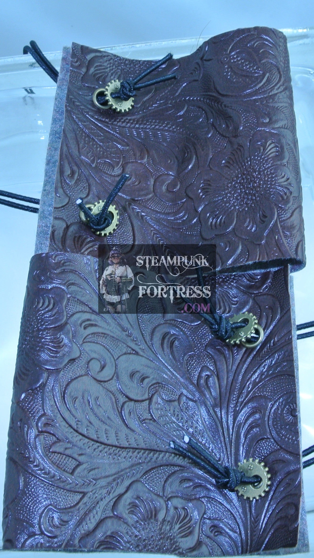 WRISTBAND XL BROWN EMBOSSED VEGAN FAUX LEATHER BRASS WATCH CLOCK GEARS CUFF WRIST BAND STARR WILDE STEAMPUNK FORTRESS SET AVAILABLE BESPOKE CUSTOM SIZING AVAILABLE