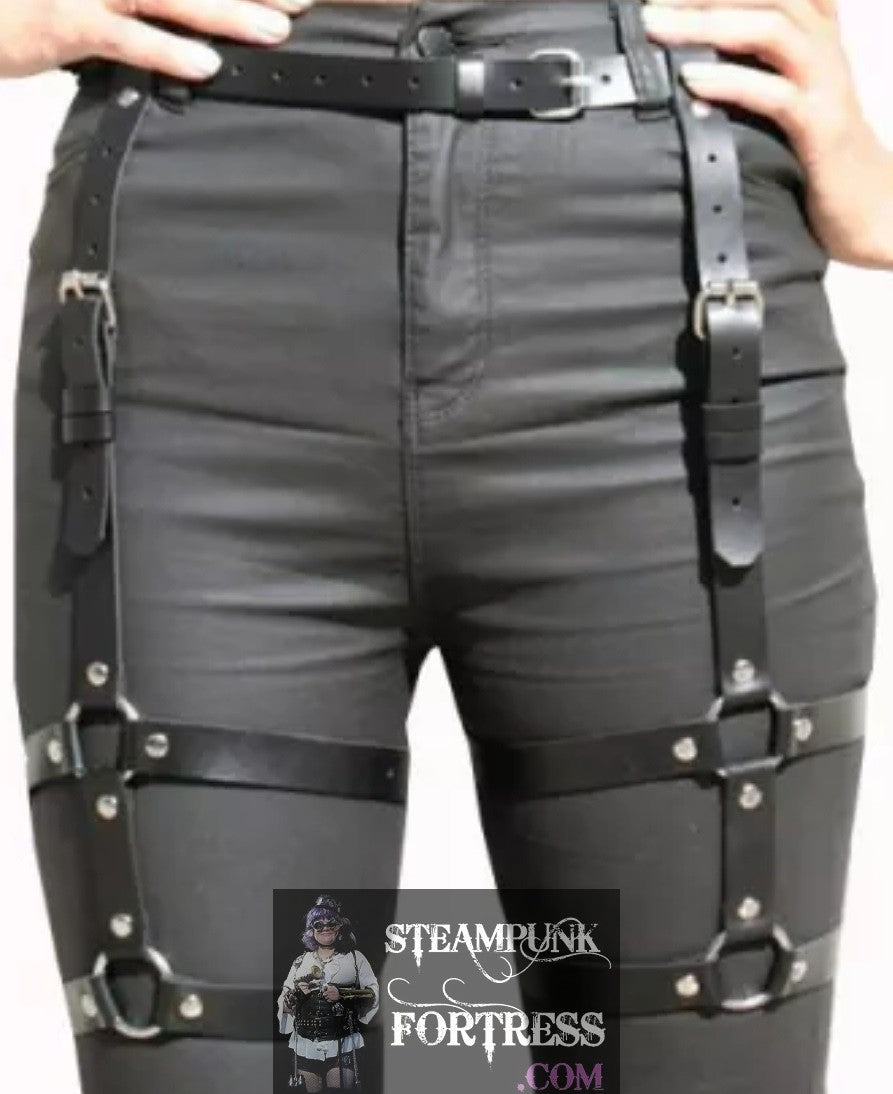 BLACK THIGH HOLSTER DOUBLE D RINGS BUCKLES BELT SILVER ACCENTS