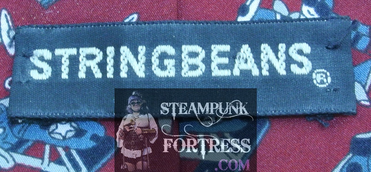 VINTAGE STRINGBEANS RED BOMBER TIE STEAMPUNK AIRPLANE RED BARON SEAPLANES GREY GRAY ACCENTS