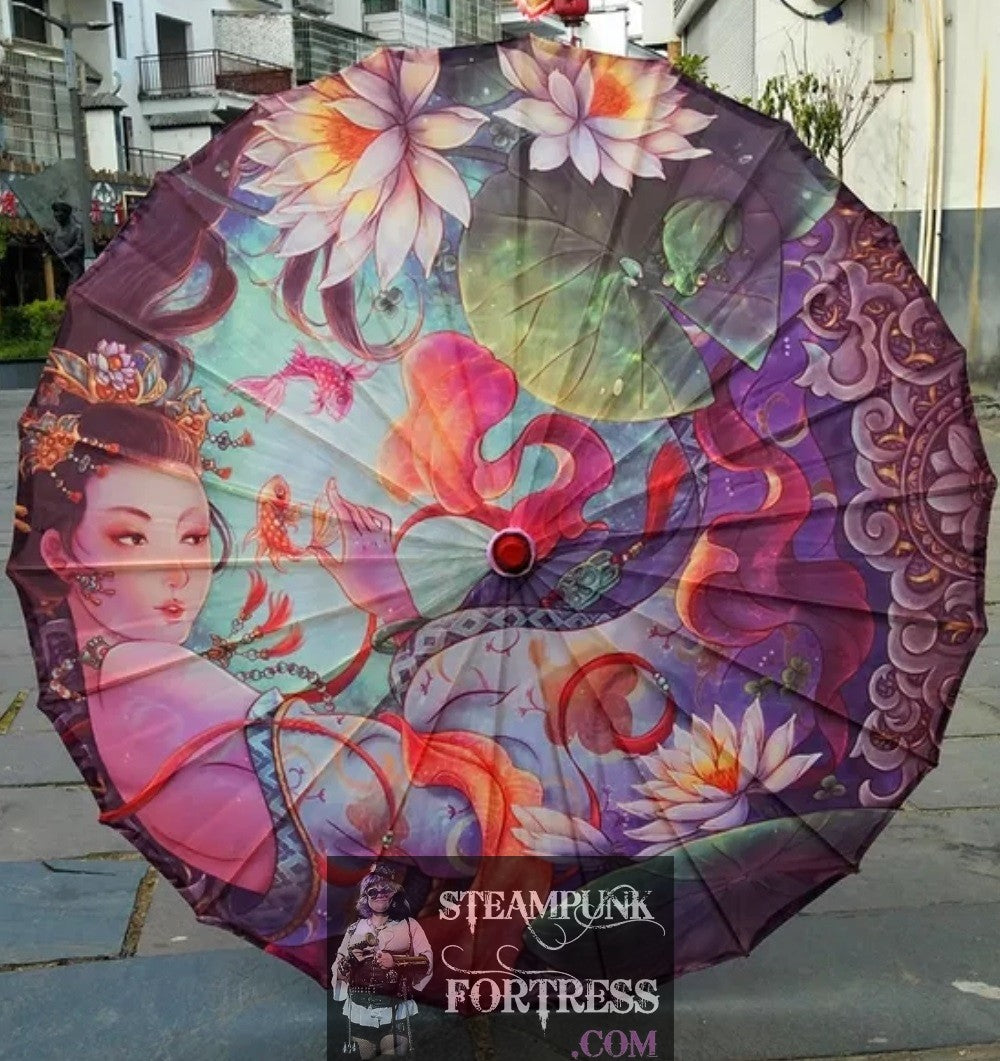 BEAUTIFUL ORIENTAL LADY LOTUS FLOWERS PINK BLUES PURPLES STEAMPUNK UMBRELLA PARASOL PAGODA VICTORIAN EDWARDIAN GOTHIC WEDDING COSPLAY COSTUME- MASS PRODUCED