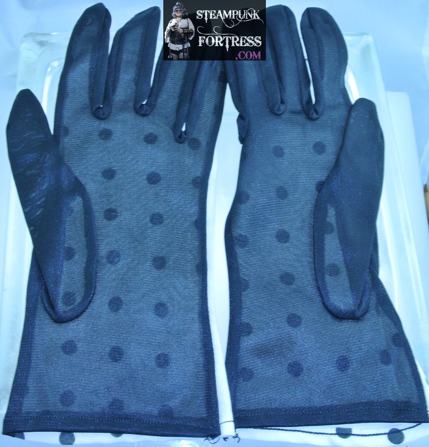 VINTAGE BLACK WHITE POLKA DOTS HALF & HALF NYLON WRIST LENGTH GLOVES - MASS PRODUCED