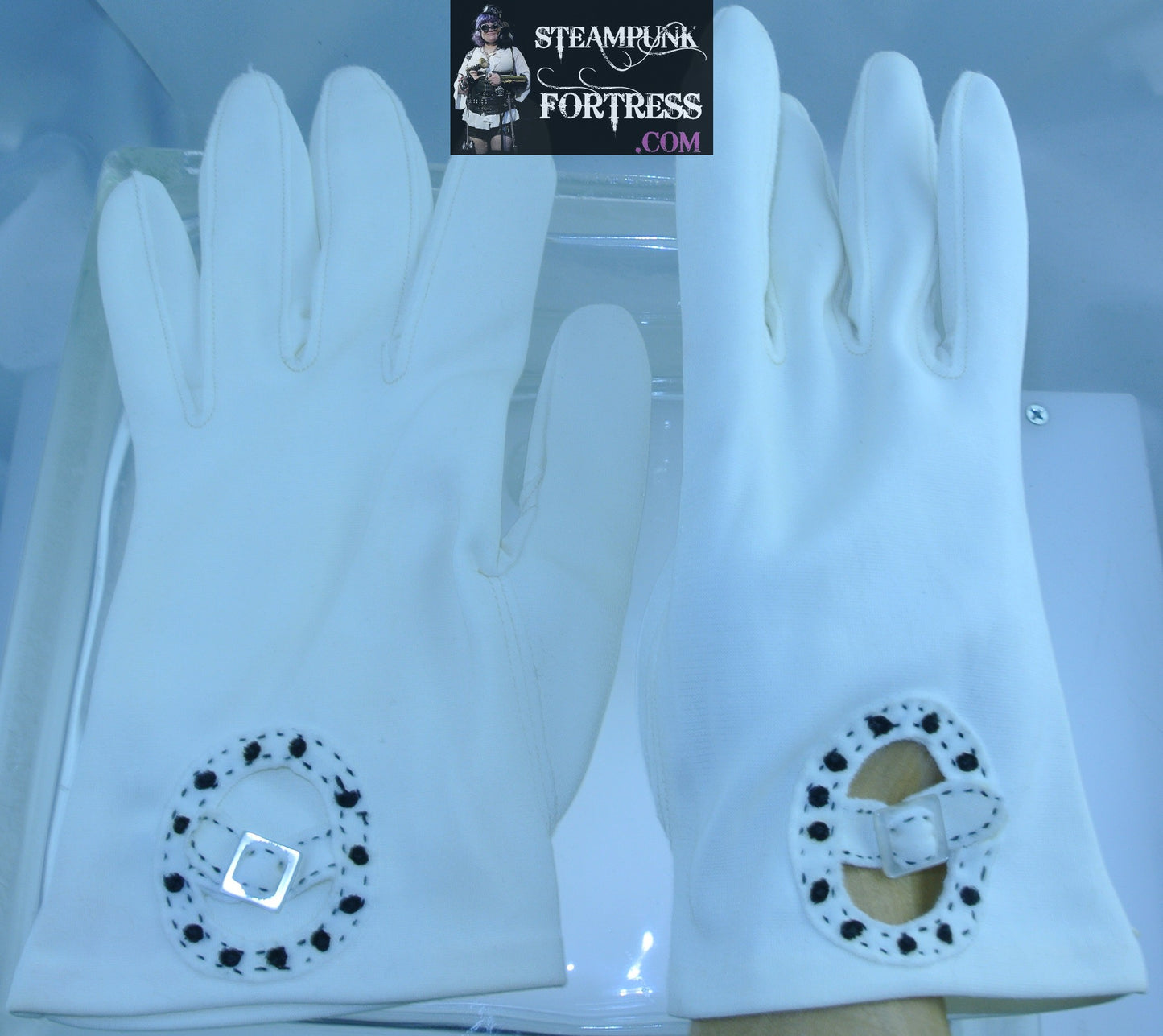 VINTAGE WHITE BLACK ACCENT CUTOUT CIRCLES BUCKLE NYLON WRIST LENGTH GLOVES - MASS PRODUCED