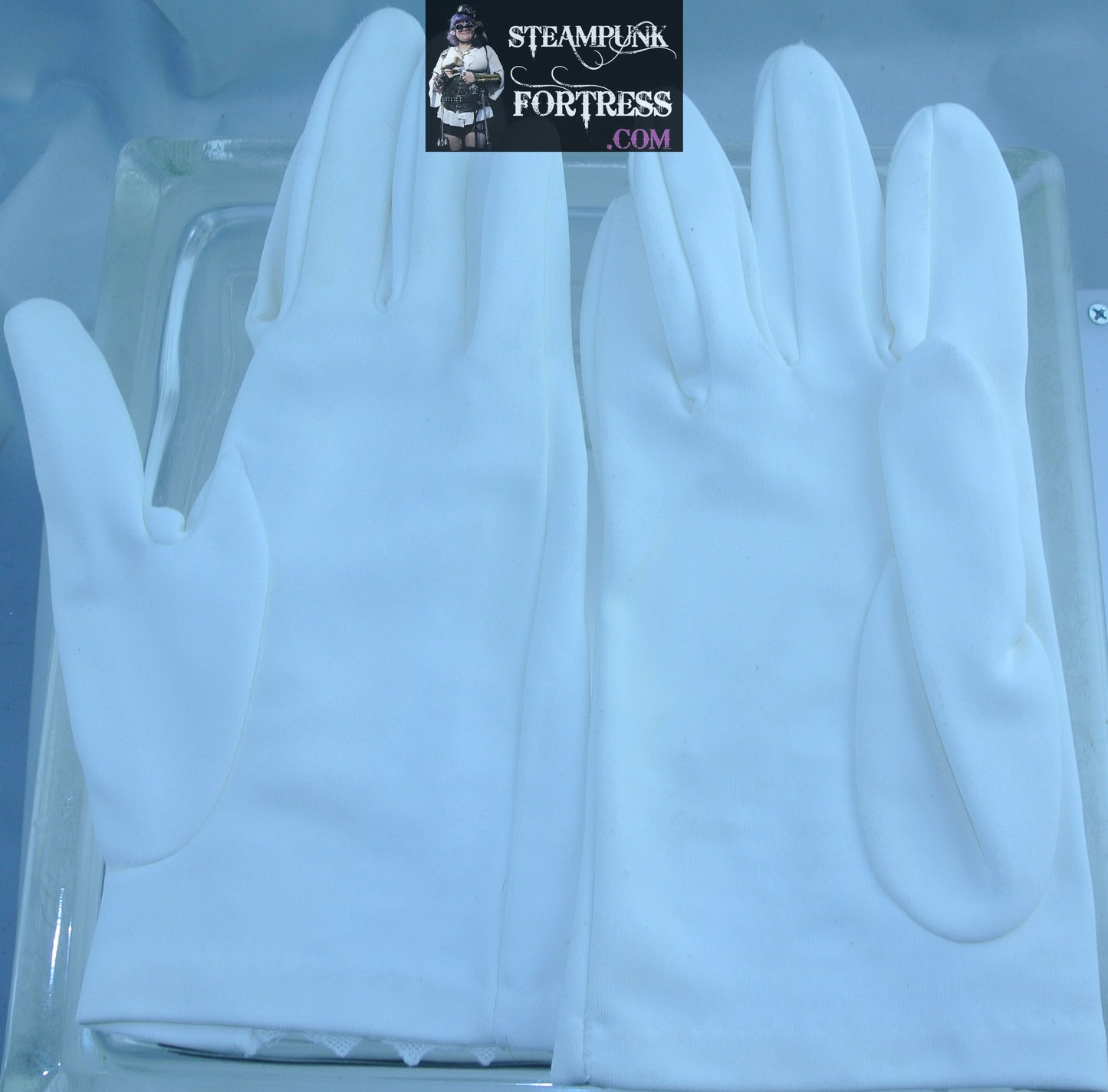 VINTAGE WHITE LACE V CUTOUT NYLON WRIST LENGTH GLOVES - MASS PRODUCED