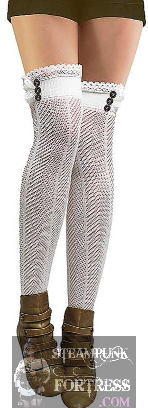 WHITE CROCHETED OVER THE KNEE THIGH HIGHS HIS 3 WOOD BUTTONS TIGHTS NYLONS HOSIERY STOCKINGS ONE SIZE FITS MOST - NEW - MASS PRODUCED DUPLICATE
