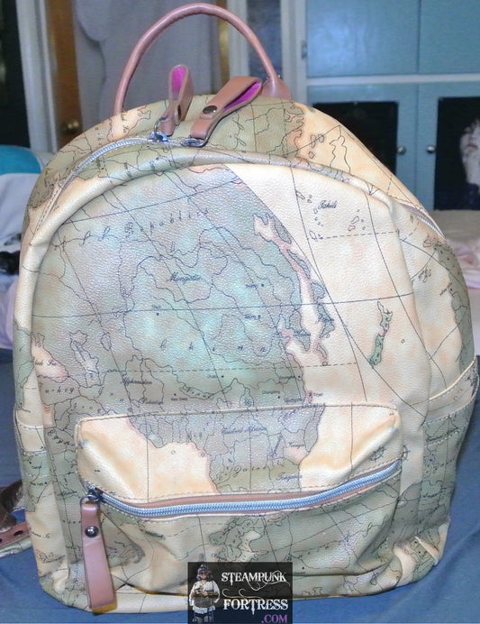 VINTAGE STEAMPUNK MAPS BACKPACK PURSE LARGE ROOMY BROWNS TANS GILES N BROOKS GNB