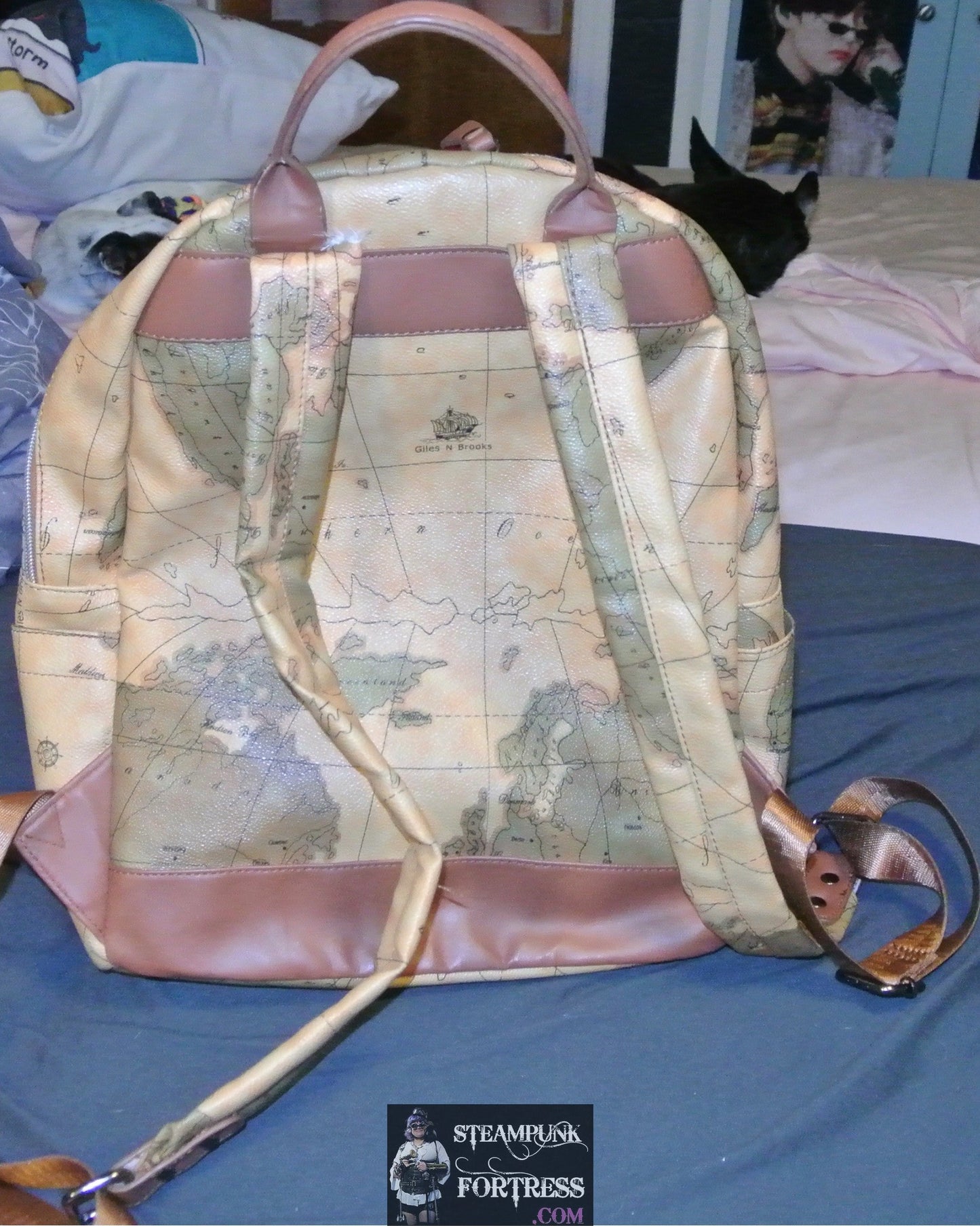 VINTAGE STEAMPUNK MAPS BACKPACK PURSE LARGE ROOMY BROWNS TANS GILES N BROOKS GNB