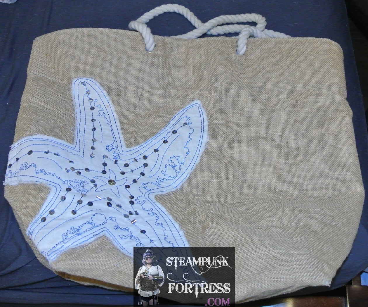 TOTE BAG JUTE BURLAP STARFISH BEACH XL EXTRA LARGE POCKET INSIDE ROPE HANDLE