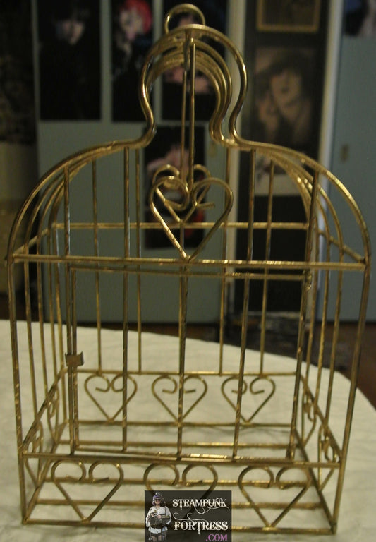 VINTAGE GOLD BRASS WIRE BIRDCAGE BIRD CAGE HEARTS WIRE DISPLAY STEAMPUNK SHABBY CHIC HANGER DOOR OPENS