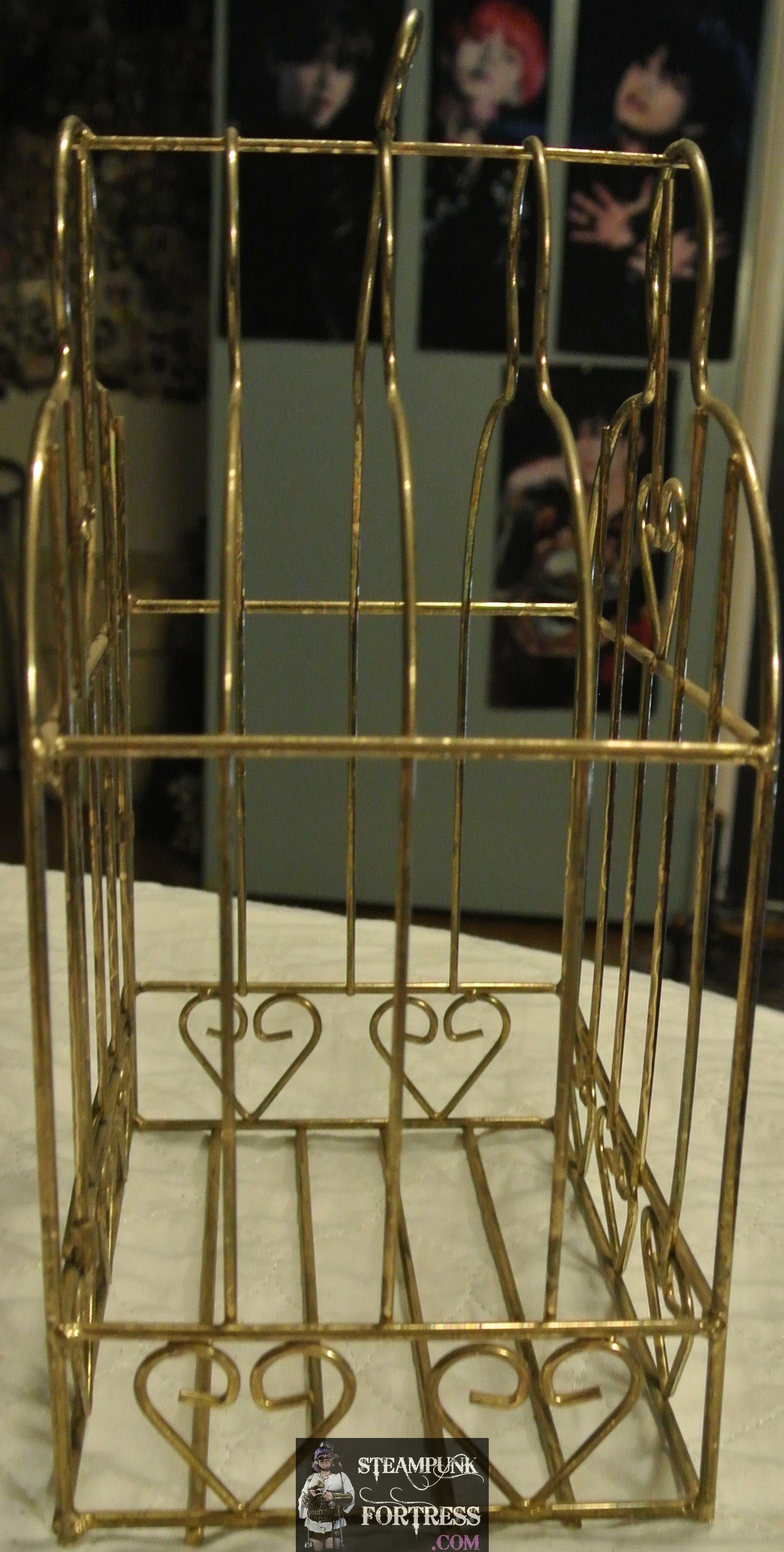 VINTAGE GOLD BRASS WIRE BIRDCAGE BIRD CAGE HEARTS WIRE DISPLAY STEAMPUNK SHABBY CHIC HANGER DOOR OPENS