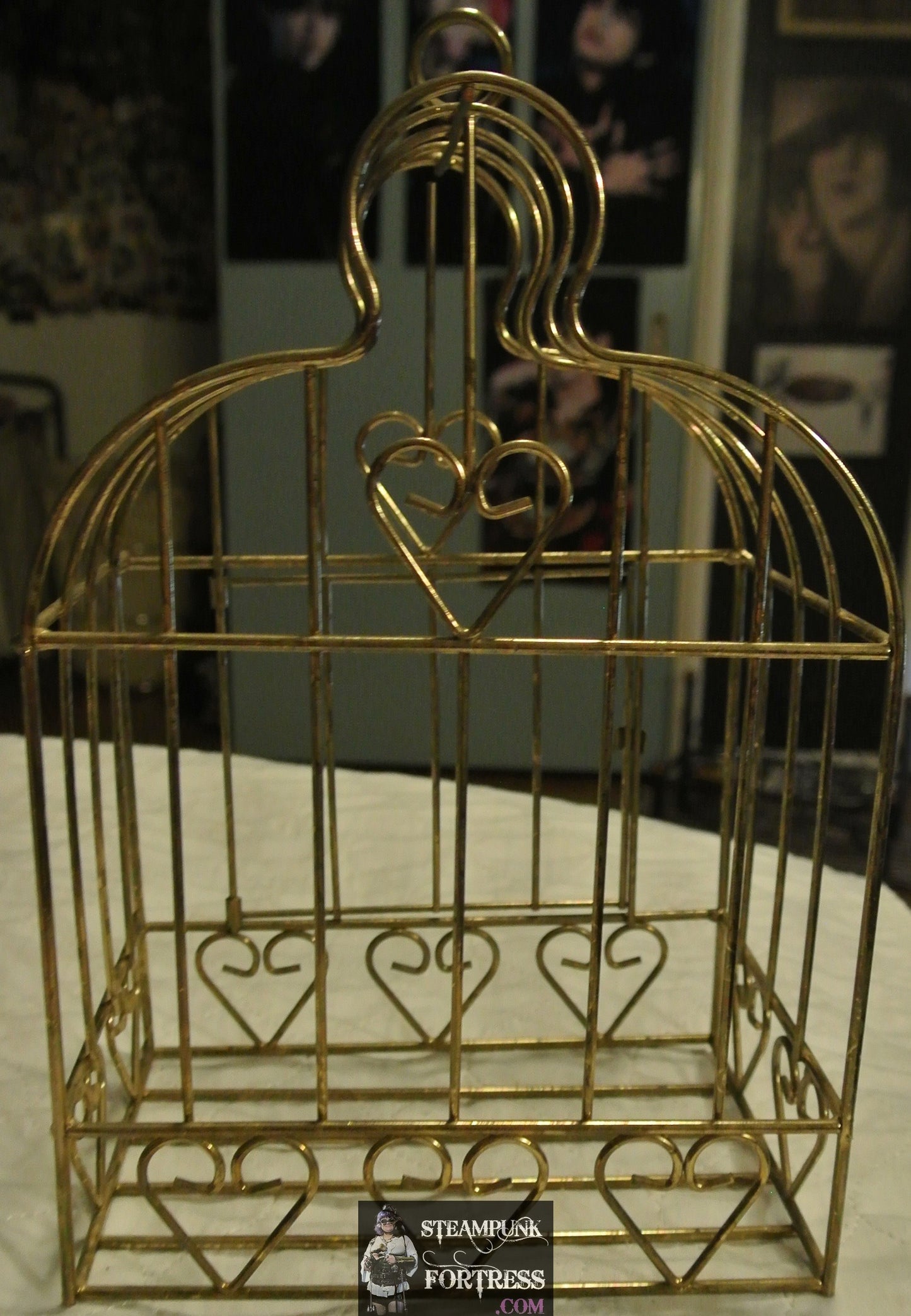 VINTAGE GOLD BRASS WIRE BIRDCAGE BIRD CAGE HEARTS WIRE DISPLAY STEAMPUNK SHABBY CHIC HANGER DOOR OPENS