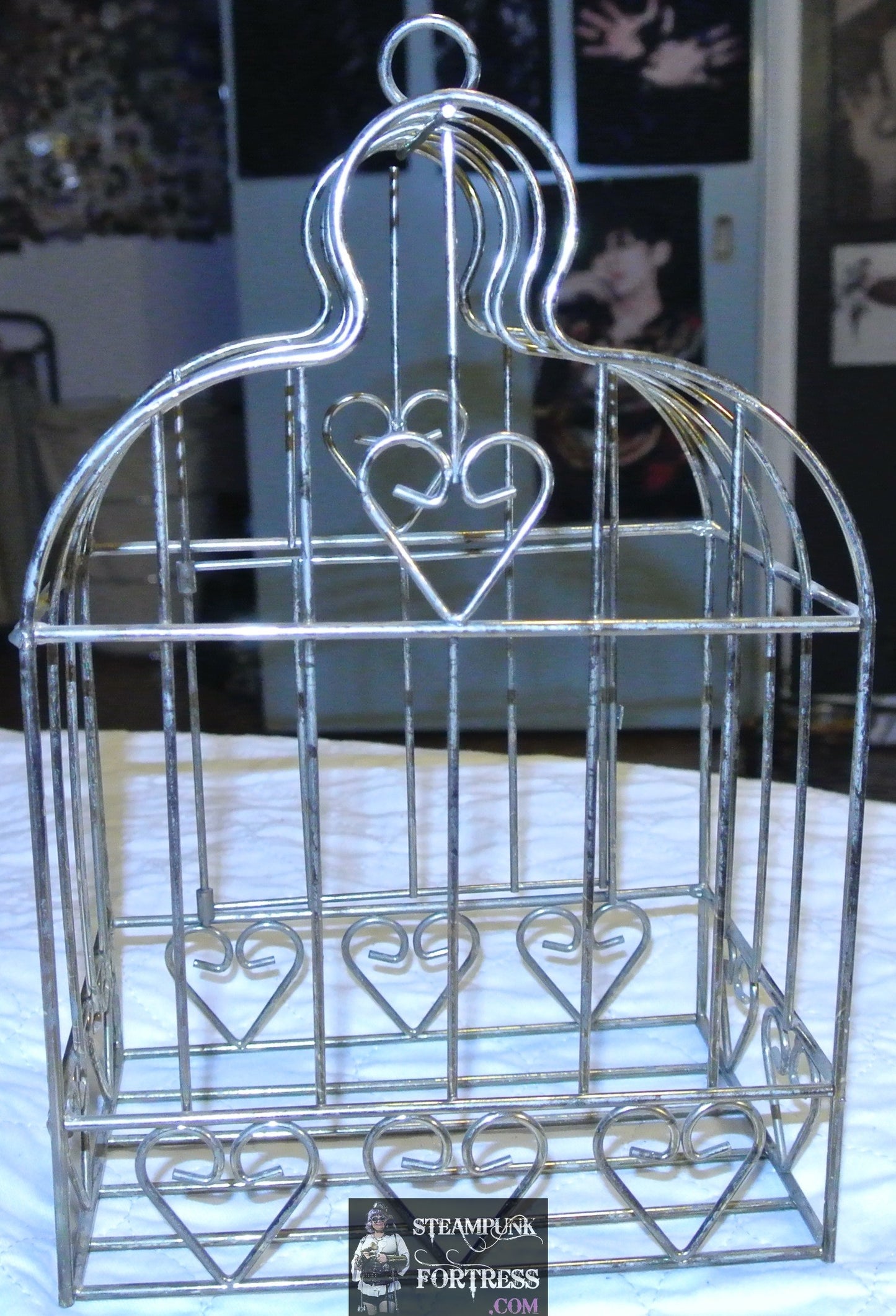 VINTAGE GOLD BRASS WIRE BIRDCAGE BIRD CAGE HEARTS WIRE DISPLAY STEAMPUNK SHABBY CHIC HANGER DOOR OPENS