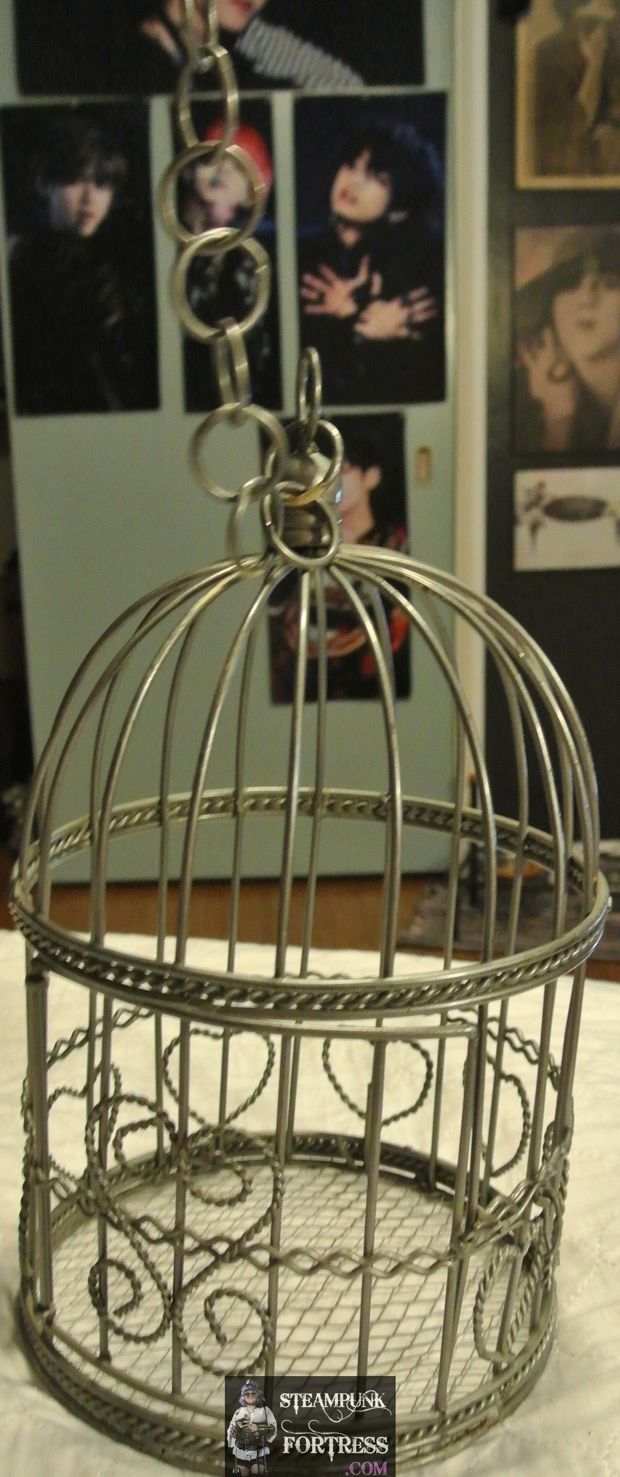 VINTAGE SILVER ROUND TWISTED WIRE BIRDCAGE BIRD CAGE DISPLAY HEARTS STEAMPUNK SHABBY CHIC CHAIN HANGER DOOR OPENS