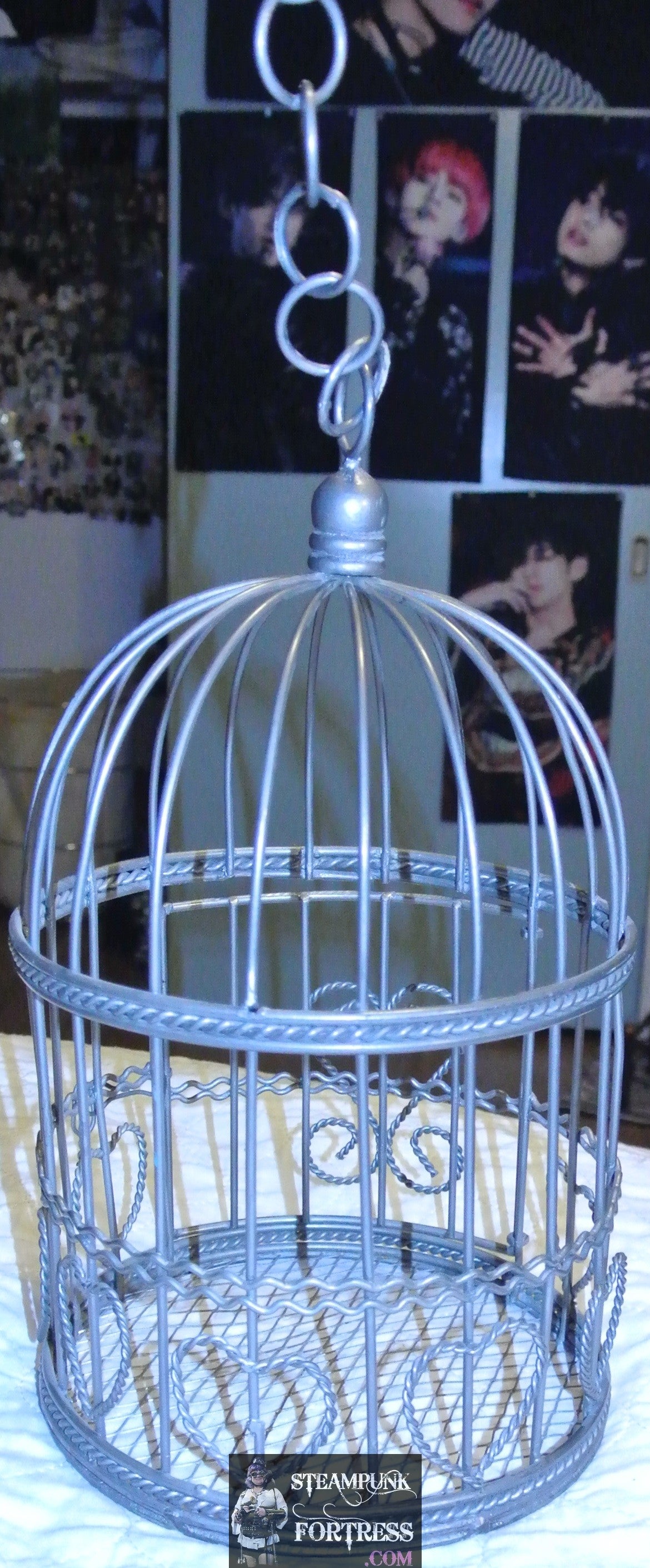 VINTAGE SILVER ROUND TWISTED WIRE BIRDCAGE BIRD CAGE DISPLAY HEARTS STEAMPUNK SHABBY CHIC CHAIN HANGER DOOR OPENS