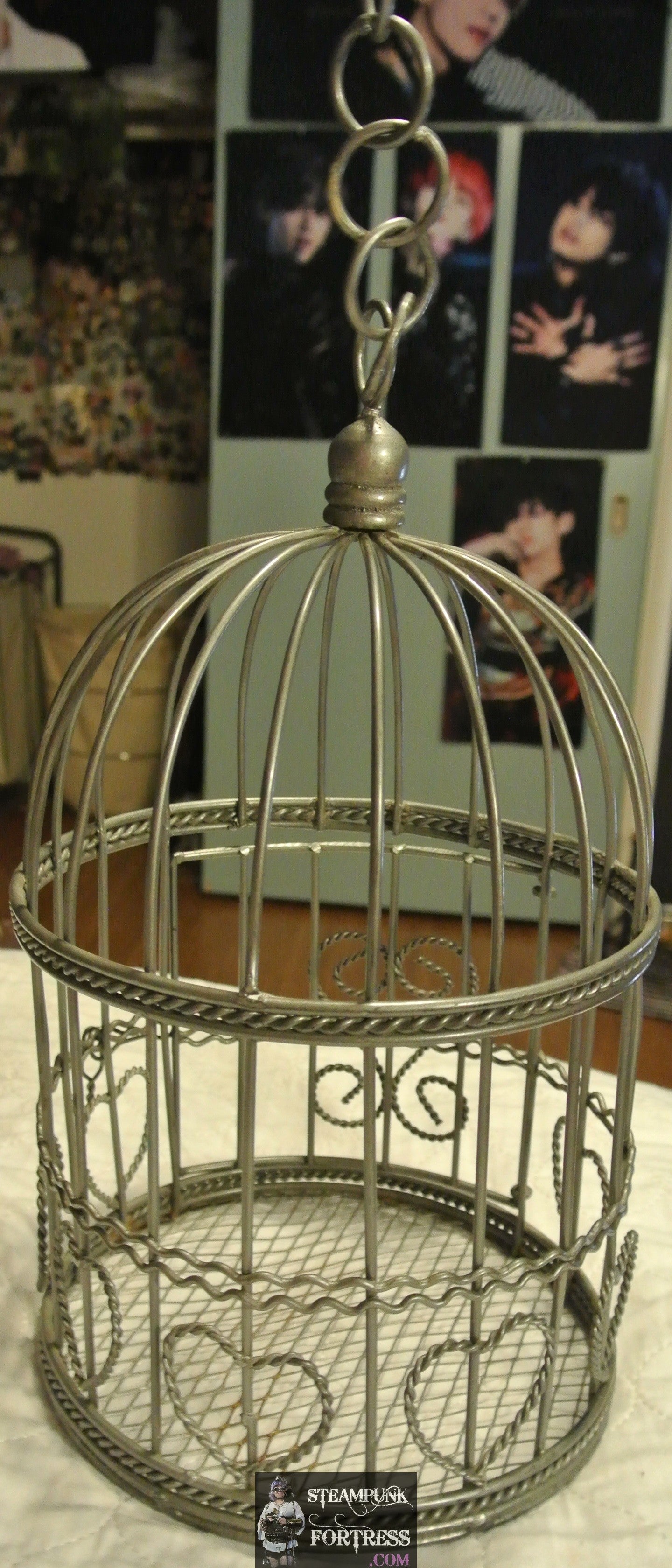 VINTAGE SILVER ROUND TWISTED WIRE BIRDCAGE BIRD CAGE DISPLAY HEARTS STEAMPUNK SHABBY CHIC CHAIN HANGER DOOR OPENS