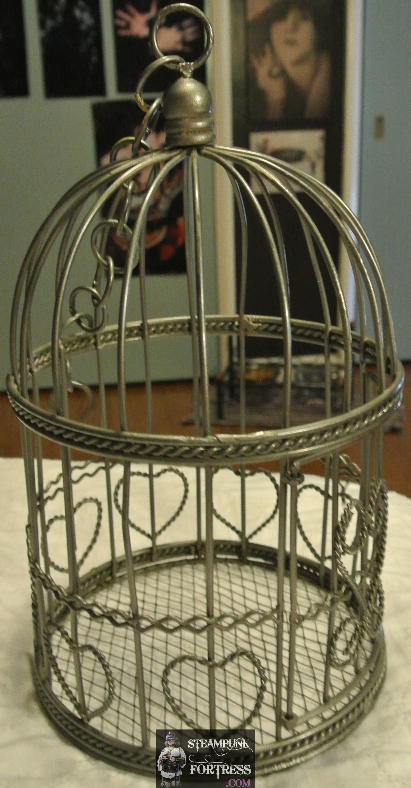 VINTAGE SILVER ROUND TWISTED WIRE BIRDCAGE BIRD CAGE DISPLAY HEARTS STEAMPUNK SHABBY CHIC CHAIN HANGER DOOR OPENS