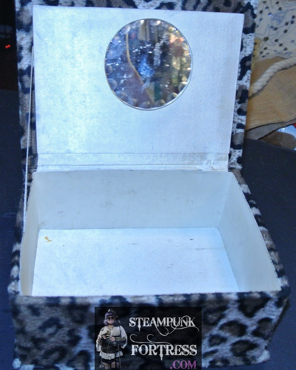 BOX LEOPARD FAUX FUR SATIN LINED MIRROR KEEPSAKE TRINKET JEWELRY