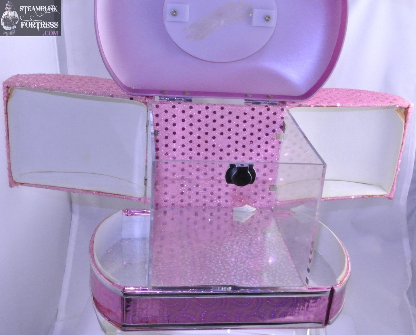 PINK BARBIE ACRYLIC DISPLAY CARRYING CASE BOX MAKEUP OPENS UP CRAFTS DESTACH ETC