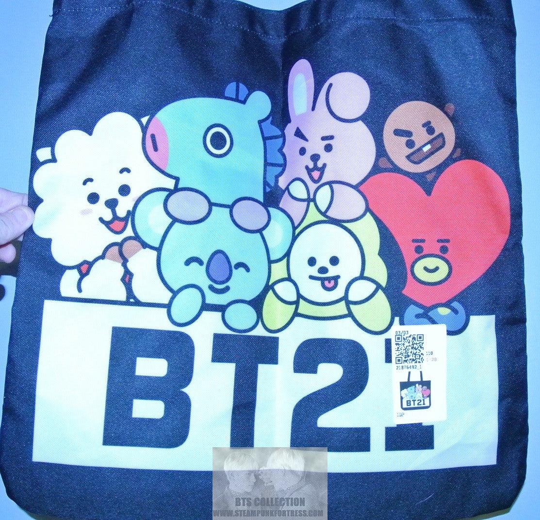 BTS BAG TOTE BT21 BLACK XL CHARACTERS BOTH SIDES COOKY TATA CHIMMY KOYA MANG SHOOKY RJ