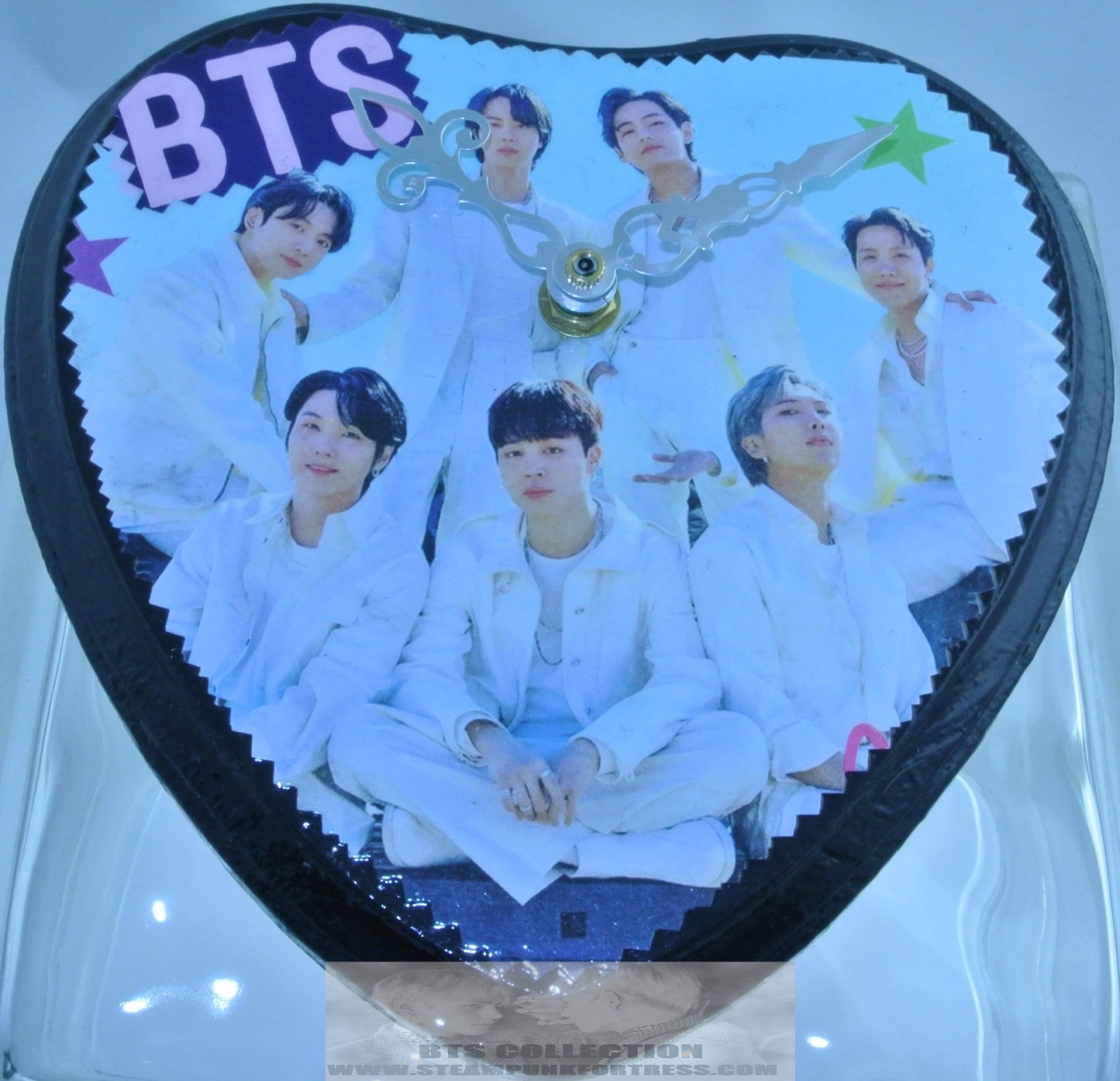 BTS GROUP CLOCK WOOD HEART SILVER HANDS WHITE SUITS JUNGKOOK V JIMIN RM J-HOPE SUGA JIN