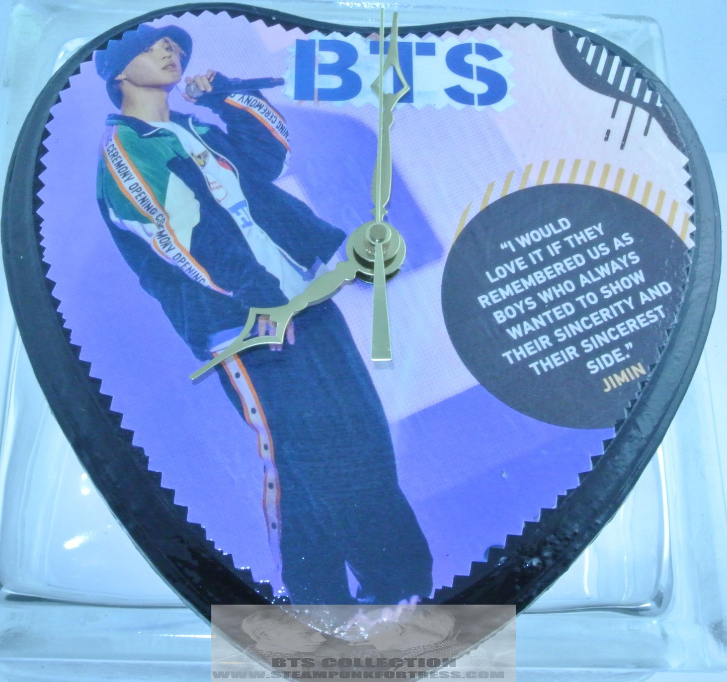 BTS WOOD HEART CLOCK PARK JIMIN MIC DROP GOLD HANDS QUOTE