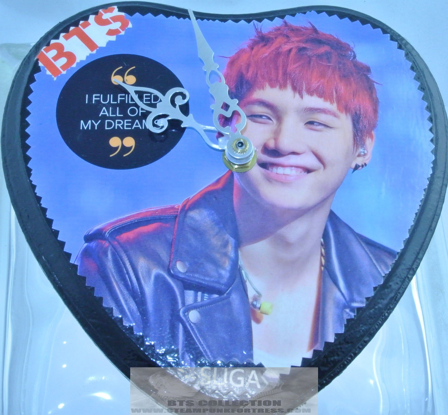 BTS WOOD HEART CLOCK MIN YOONGI SUGA SILVER HANDS RED HAIR BLACK LEATHER JACKET