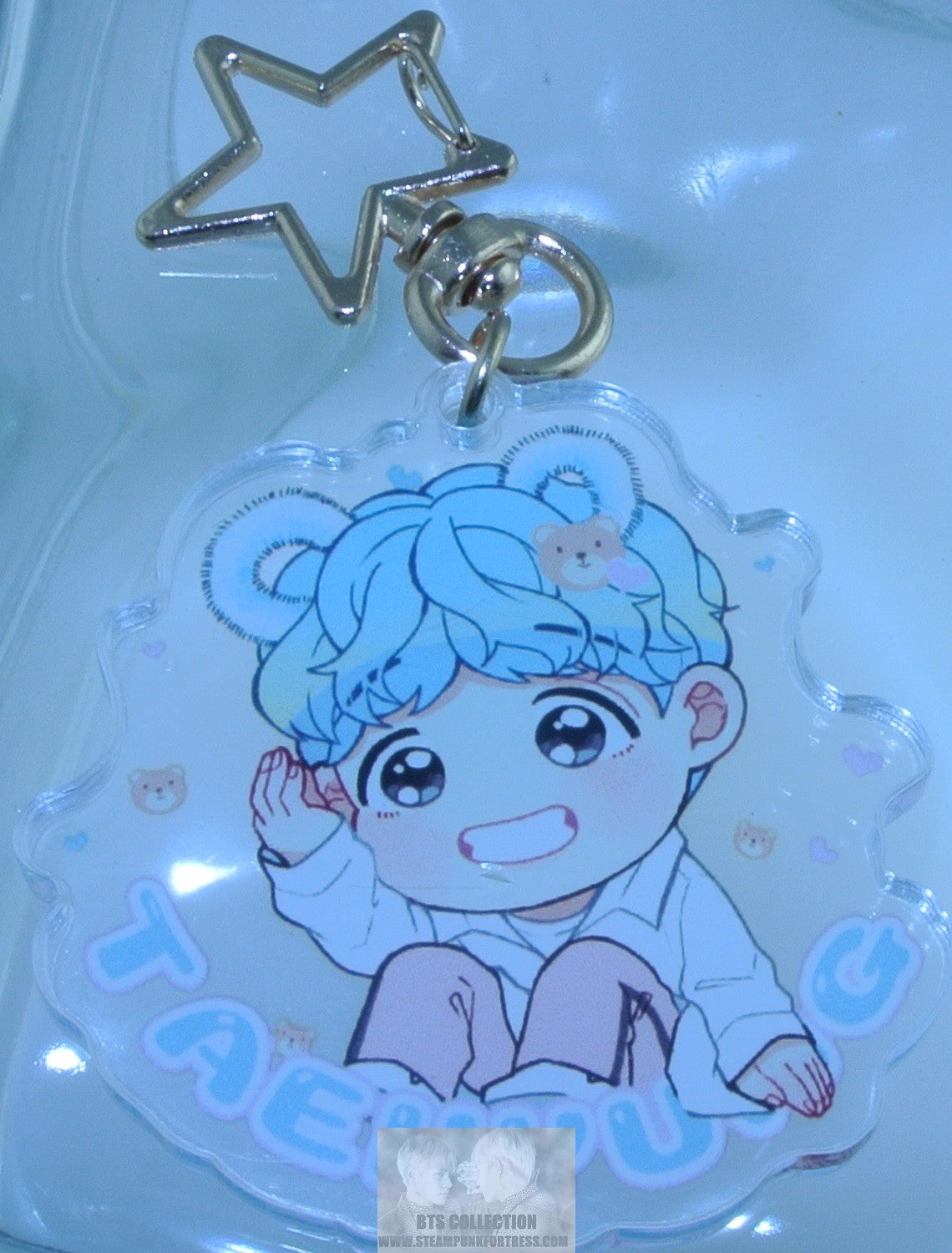 BTS KEYCHAIN ACRYLIC V KIM TAEHYUNG BLUE HAIR CHIBI STAR CLIP CHAIN KEYRING RING FANSITE