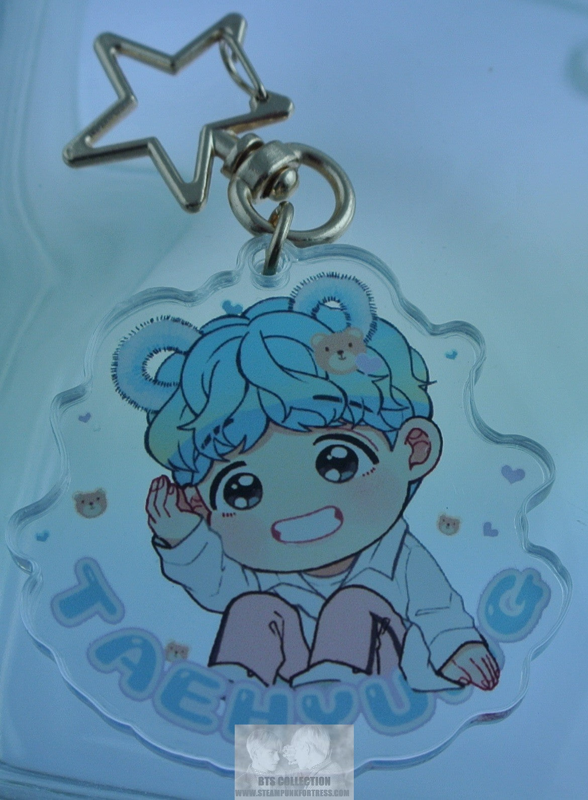 BTS KEYCHAIN ACRYLIC V KIM TAEHYUNG BLUE HAIR CHIBI STAR CLIP CHAIN KEYRING RING FANSITE