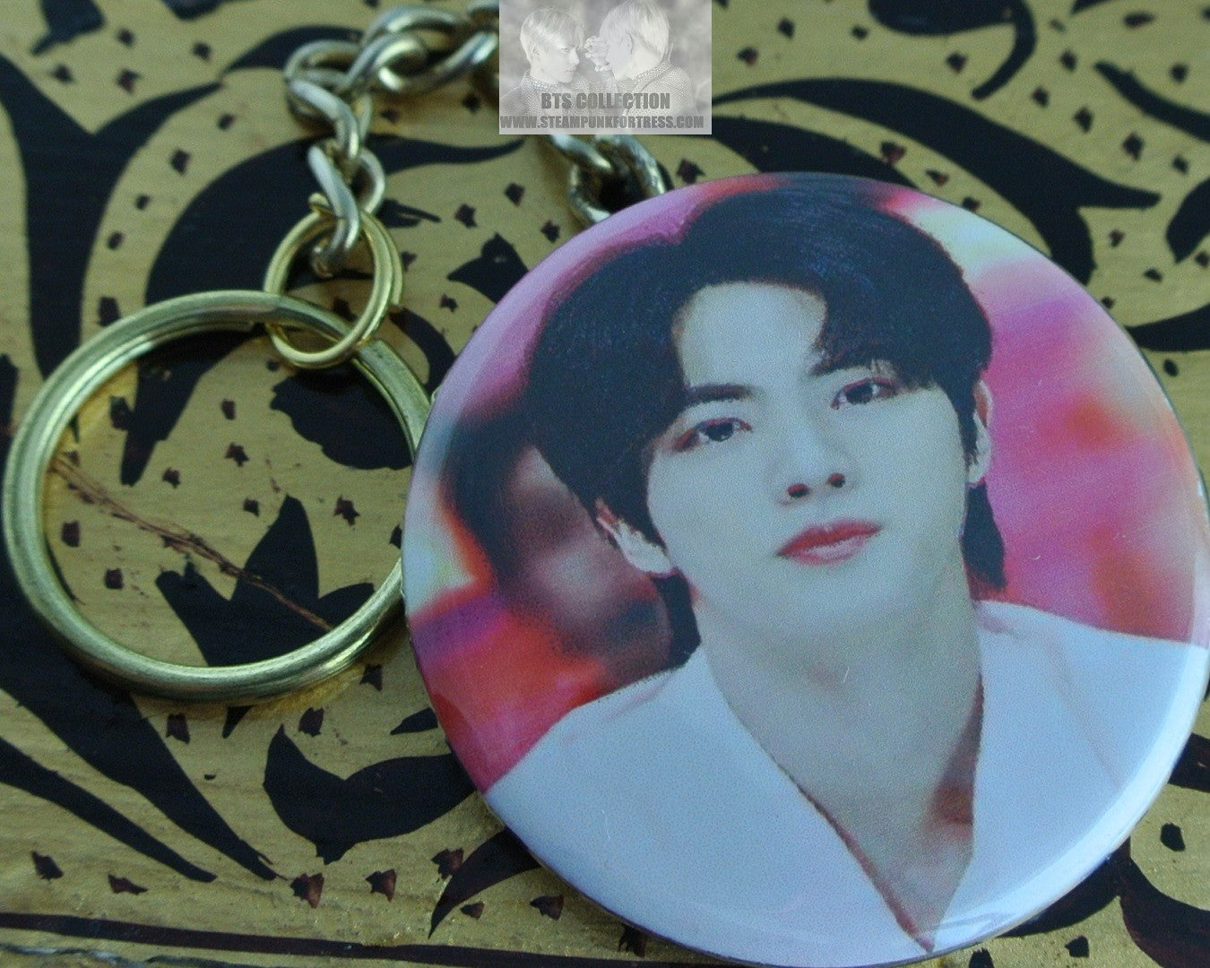 BTS BUTTON GOLD KEYCHAIN KIM SEOKJIN JIN WHITE SUIT PINK BACKGROUND KEYRING KEY CHAIN RING