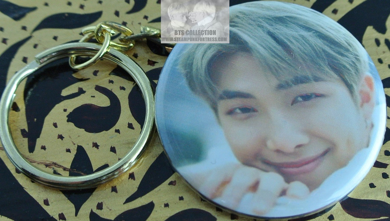 BTS BUTTON GOLD KEYCHAIN RM KIM NAMJOON SMILE ARMS FOLDED KEYRING KEY CHAIN RING