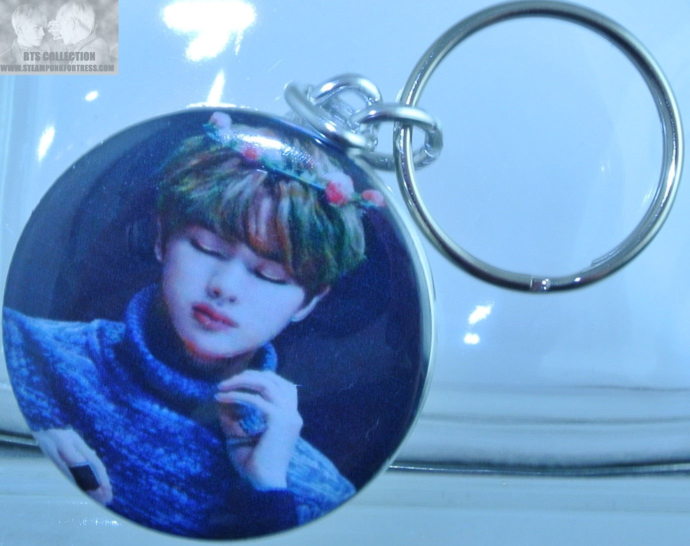 BTS BUTTON KEYCHAIN KEYRING KIM SEOKJIN JIN FLOWER CROWN TIARA FANSIGN KEY CHAIN RING